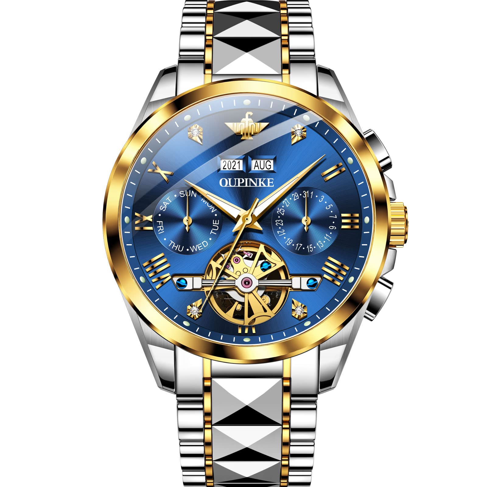 OUPINKE Men's Automatic Skeleton Mechanical Watch - Self-Winding Hollow Design, Sapphire Crystal, 50M Waterproof, Tungsten Steel Case - Perfect for Business, Formal & Casual Wear