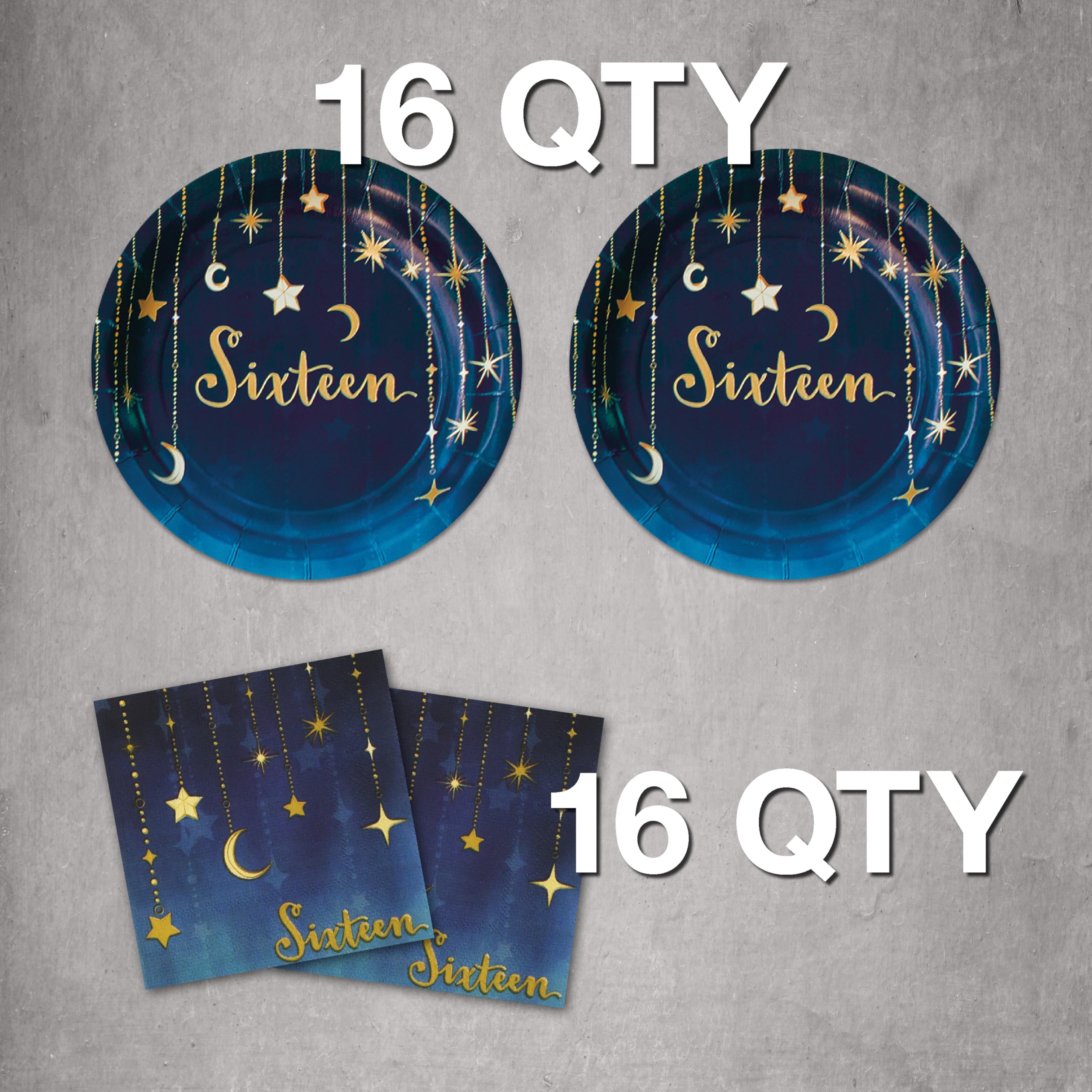 Havercamp Sweet 16 Birthday Party Supplies Set - 16 Printed Plates & Beverage Napkins with Gold Starry Night Design - Perfect for Teen Birthday Celebrations, Quinceañeras & Special Occasions