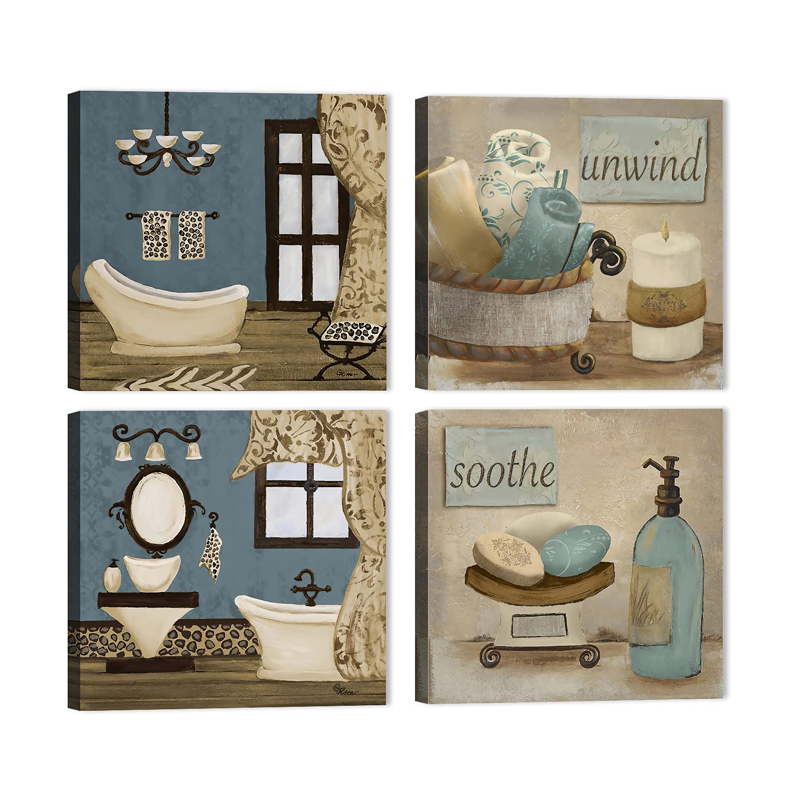 GUTTATY 4-Piece Bathroom Wall Art Set - Vintage Still Life Canvas Prints for Bathroom Decor, Framed Artwork for Home, Ready to Hang (16x16 Inches, 4 Panels) - Perfect for Bathroom, Living Room, Bedroom & Office Wall Decor