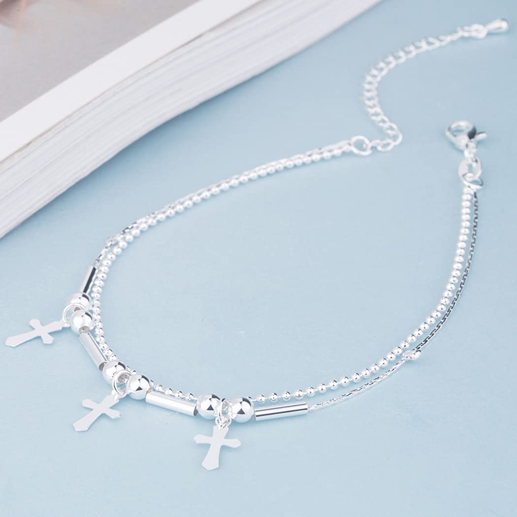 Chereda 925 Sterling Silver Geometric Cross Bead Double Layer Anklet for Women - Elegant Foot Jewelry for Beach, Party, Birthday Gifts & Everyday Wear