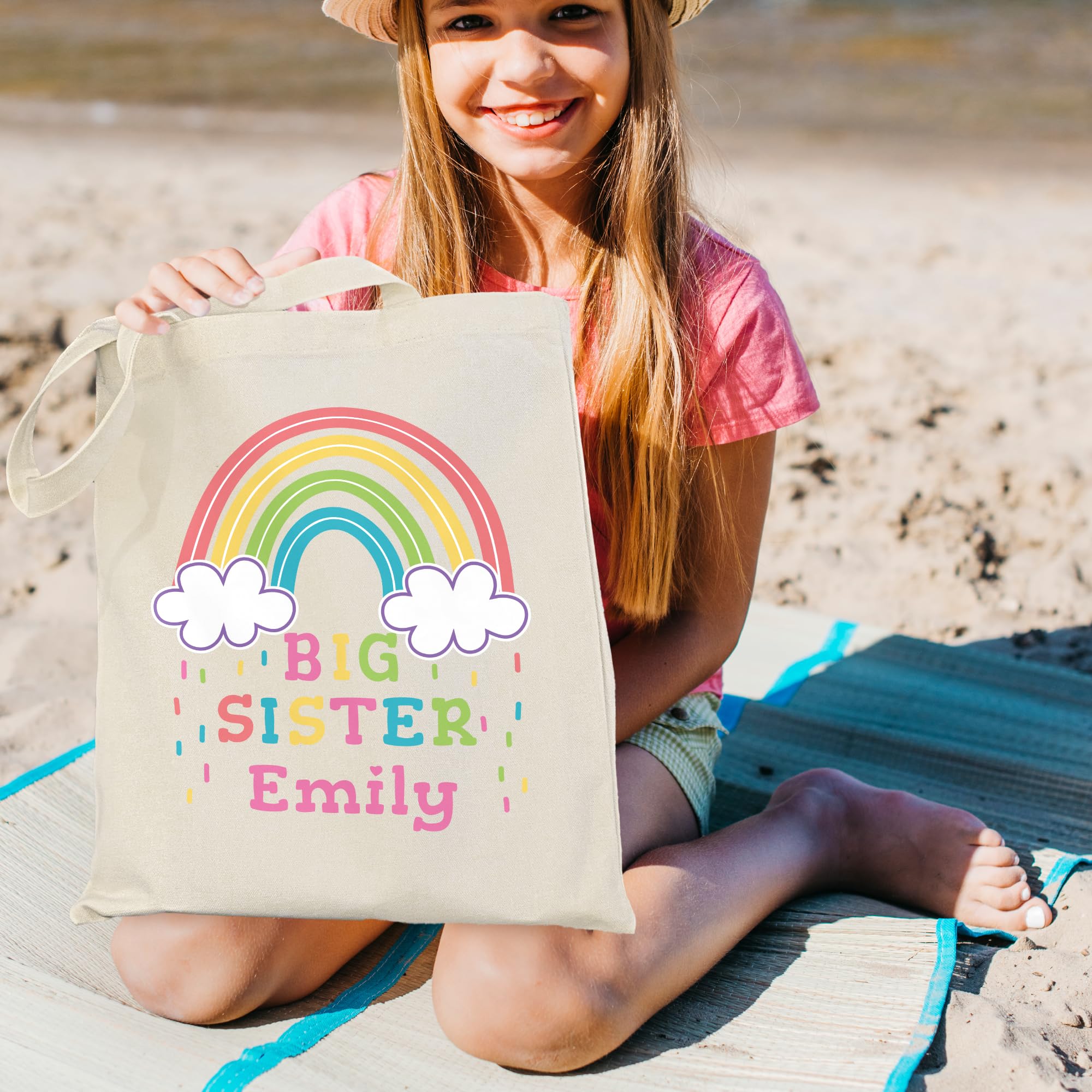 Personalized Custom Canvas Tote Bag with Name - Unique Baby Shower Gift for Big Sister, Daughter, Granddaughter or Niece | Rainbow Design 02 Beige Medium Tote | Perfect for Birthday Parties, Baby Showers & Special Occasions