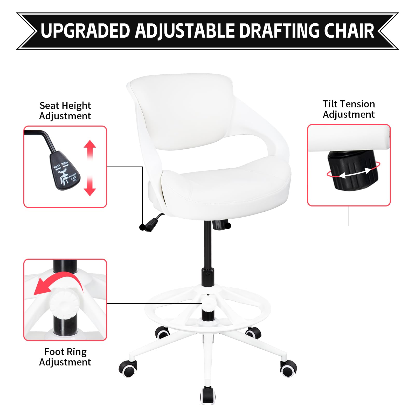Ergonomic Drafting Chair with Lumbar Support & Foot Ring - Adjustable Swivel Task Chair for Standing Desk - White - Perfect for Office, Home Office & Studio Workspaces