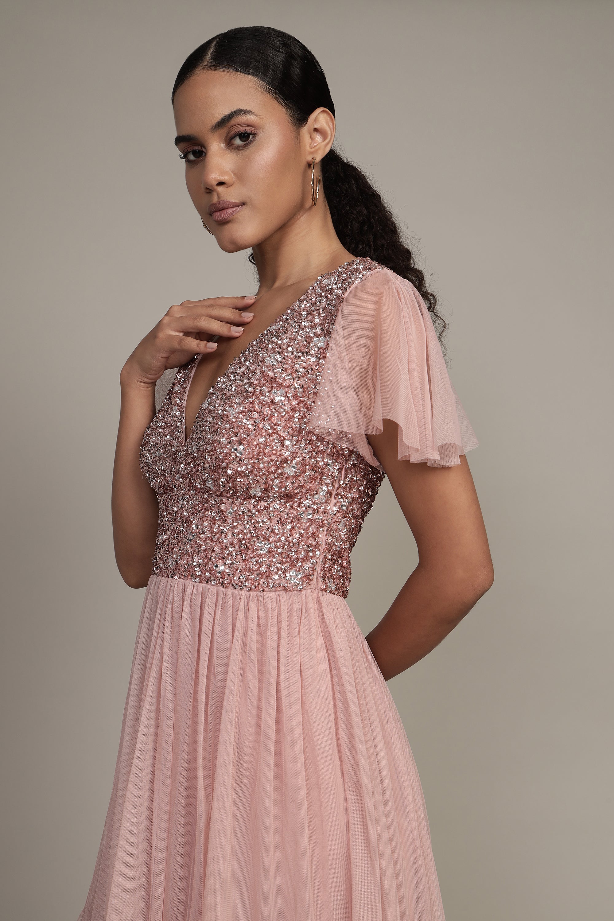 Maddie Embellished Midi Dress in Dusty Pink - Elegant Floral Lace Party Dress for Weddings, Cocktails & Special Occasions