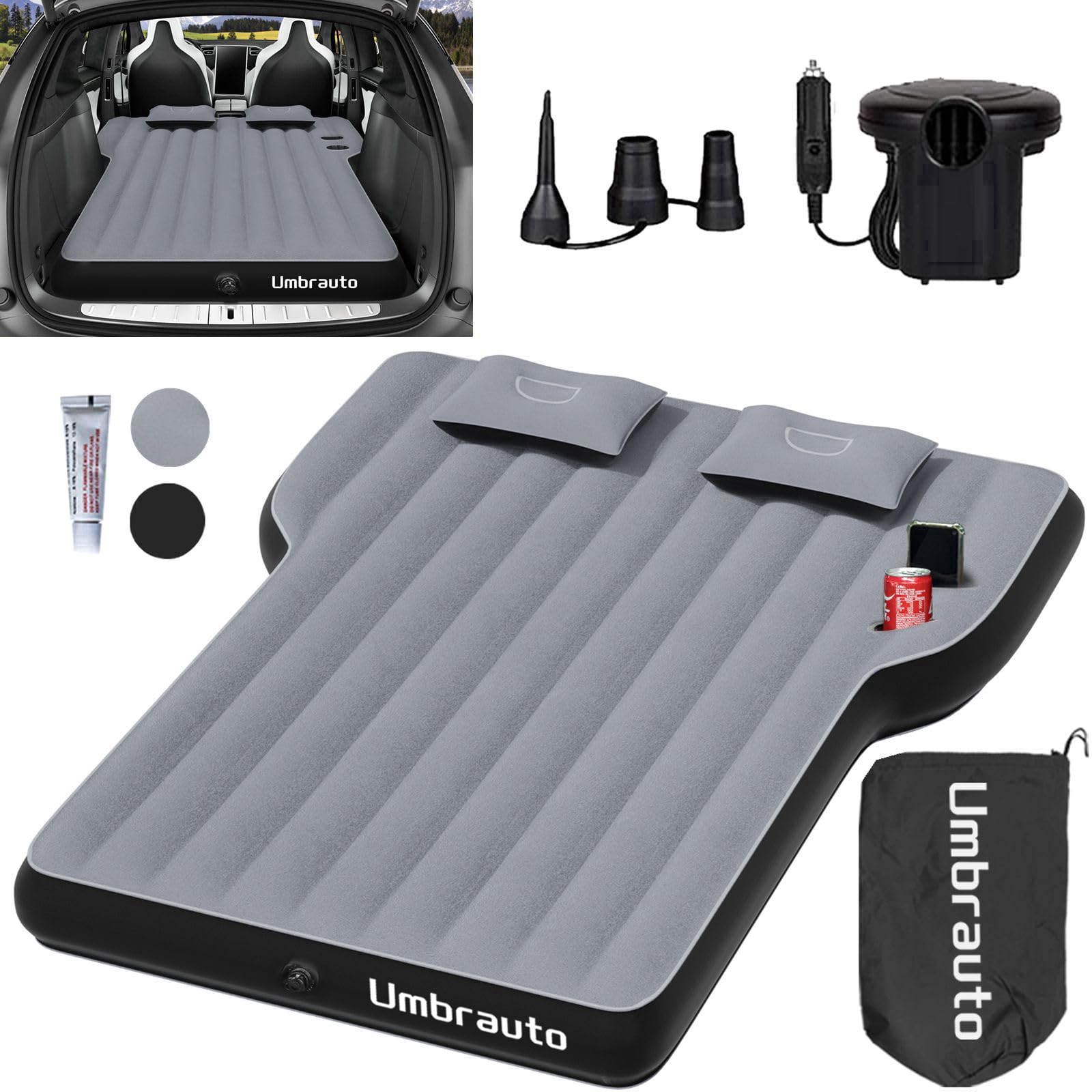 Tesla Model Y Air Mattress - Inflatable Camping Mattress for SUV Travel, Portable Flocking Sleeping Pad with Built-in Air Pump, Repair Kit & Storage Bag (Grey) - Perfect for Road Trips, Camping & Outdoor Adventures
