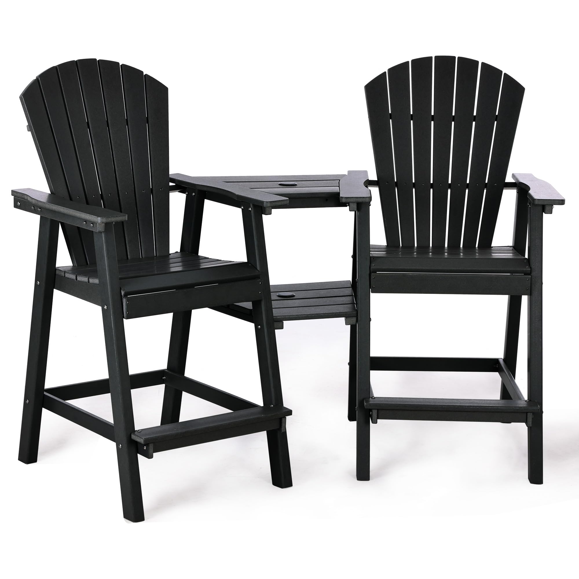 Premium HDPE Tall Adirondack Chairs Set of 2 with Double Connecting Tray - Weather-Resistant Outdoor Bar Stools for Patio, Deck, Backyard, Balcony (Black) - Perfect for Relaxing, Entertaining, and Outdoor Dining