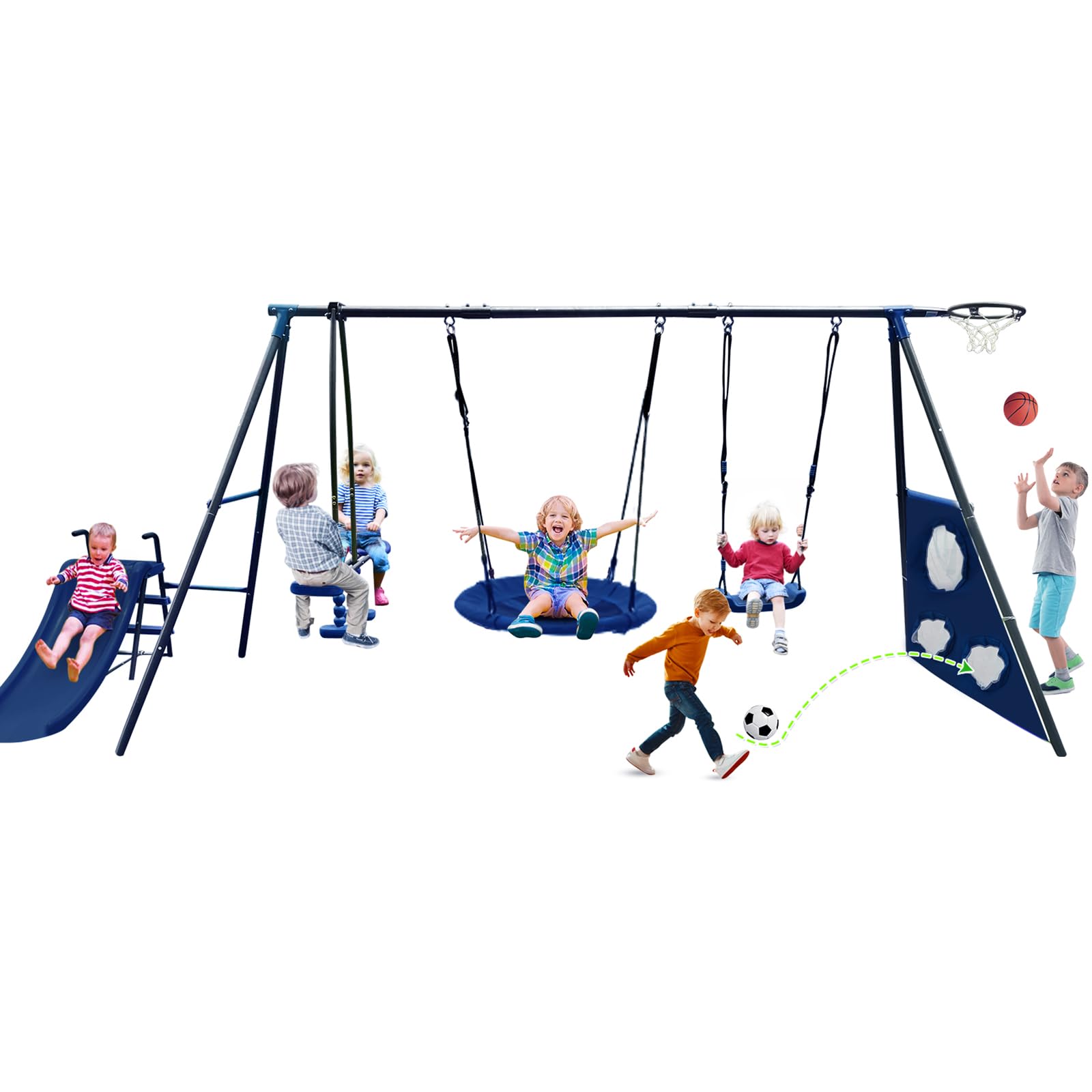 6-in-1 Outdoor Swing Set for Kids with Slide, 2 Swings, Basketball Hoop, Soccer Net & Glider - Backyard Playset for Fun Outdoor Activities | Perfect for Gardens, Parks & Playgrounds