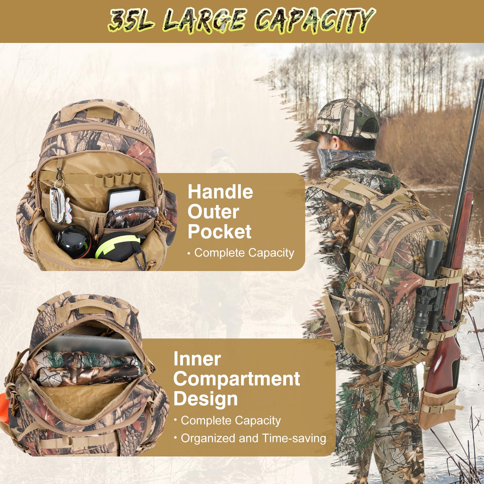 MOPHOTO 900D Waterproof Hunting Backpack for Men - 35L Large Durable Camo Backpack with Bow/Rifle Holder, Rain Cover & Multiple Pockets | Ideal for Hunting, Camping, Hiking & Outdoor Adventures