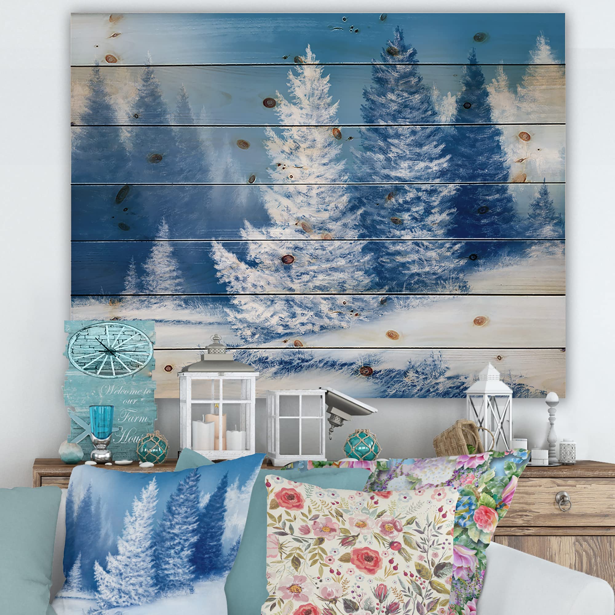 Dreamlike Spruce Forest Wood Wall Art - Snowy Lake House Decor for Living Room