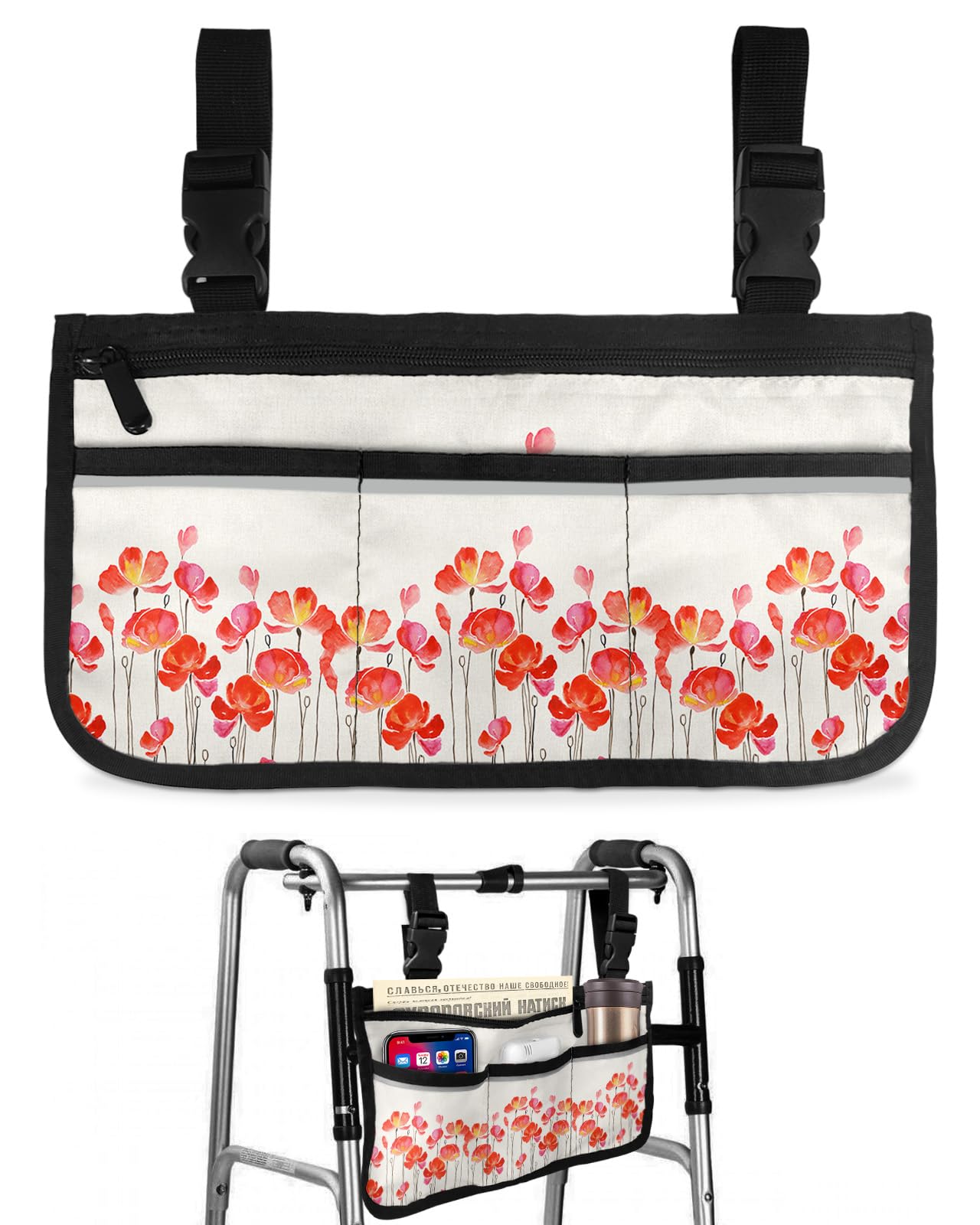 Wheelchair Side Storage Bag - 7.3x13 Inch Walker Accessory with Poppy Floral Design for Mobility Scooters & Folding Walkers | Durable Organizer for Medical Supplies, Personal Items & Daily Essentials