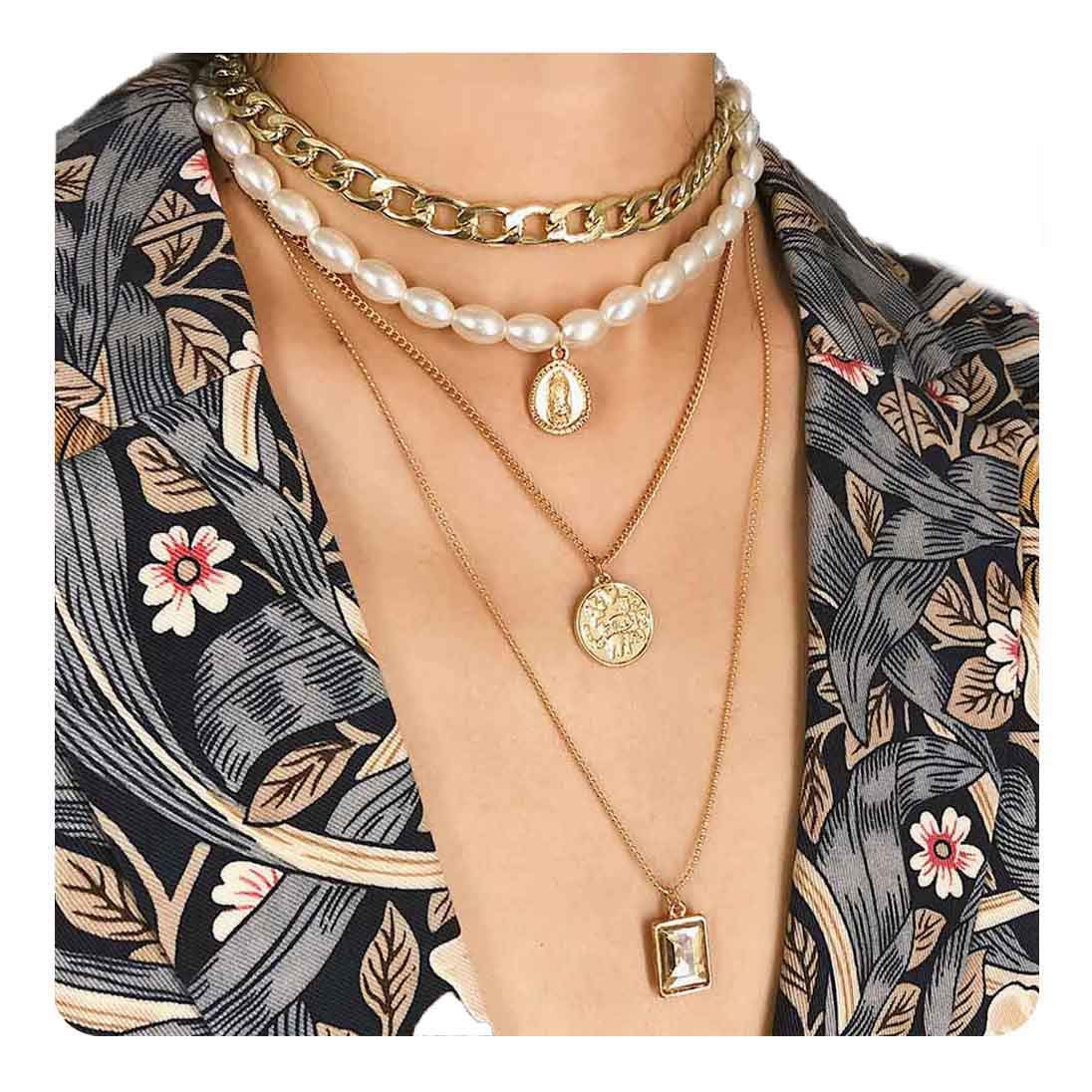 Boho Layered Choker Necklace for Women - Gold Gemstone Coin Pendant with Long Chain & Pearls - Trendy Multilayer Jewelry for Girls | Perfect for Festivals, Parties & Everyday Boho Style