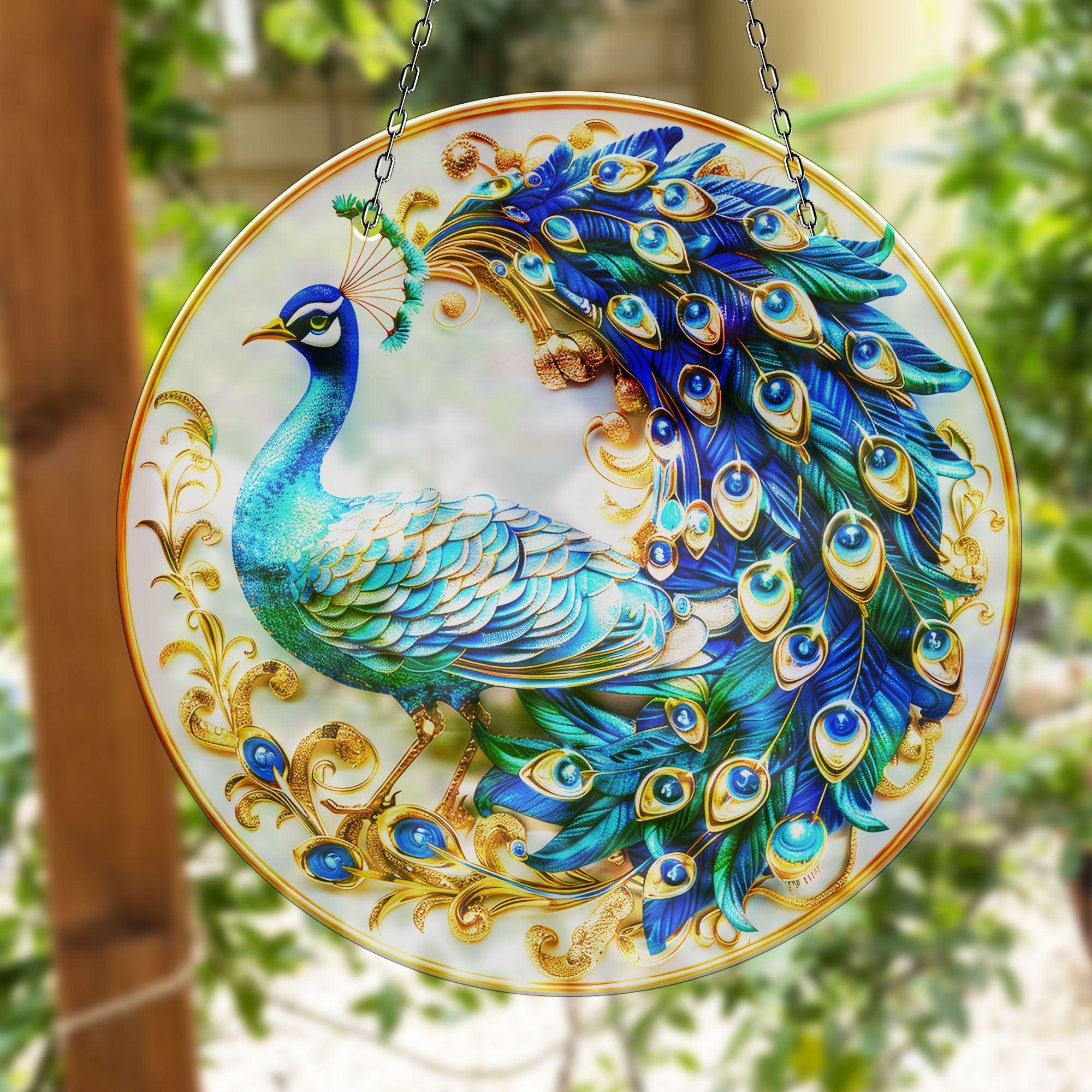 Blue Peacock Suncatcher Window Decor - Stained Glass Hanging Ornament for Home, Office & Garden - Creates Beautiful Rainbow Reflections
