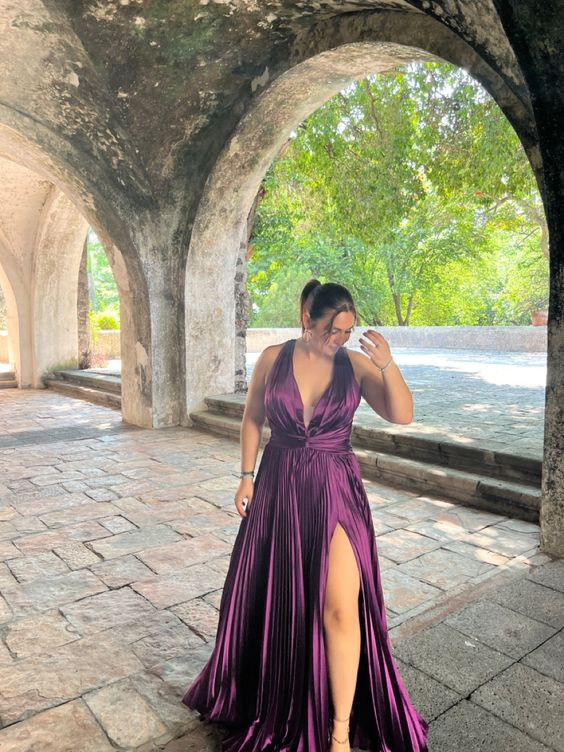 Elegant Deep V Neck Purple A-Line Long Prom Dress for Wedding Guest - J2677 | Perfect for Formal Events, Evening Parties & Special Occasions