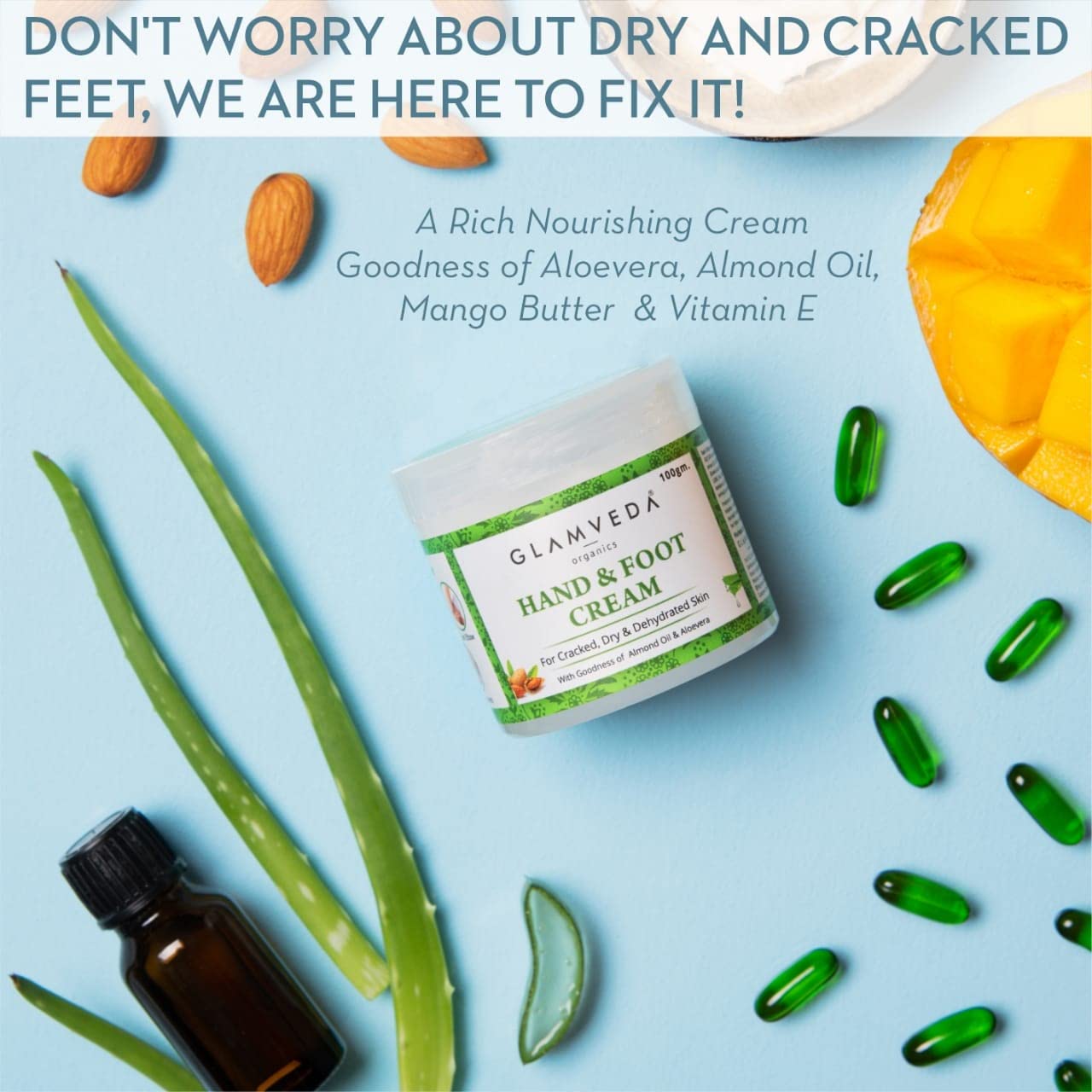 Glamveda Ayurvedic Hand & Foot Crack Cream - 100gm for Dry, Rough Skin & Cracked Heels - Paraben Free with Almond Oil, Aloe Vera & Mango Butter - Deep Moisturizing & Repairing Treatment - Perfect for Winter Care & Overnight Healing