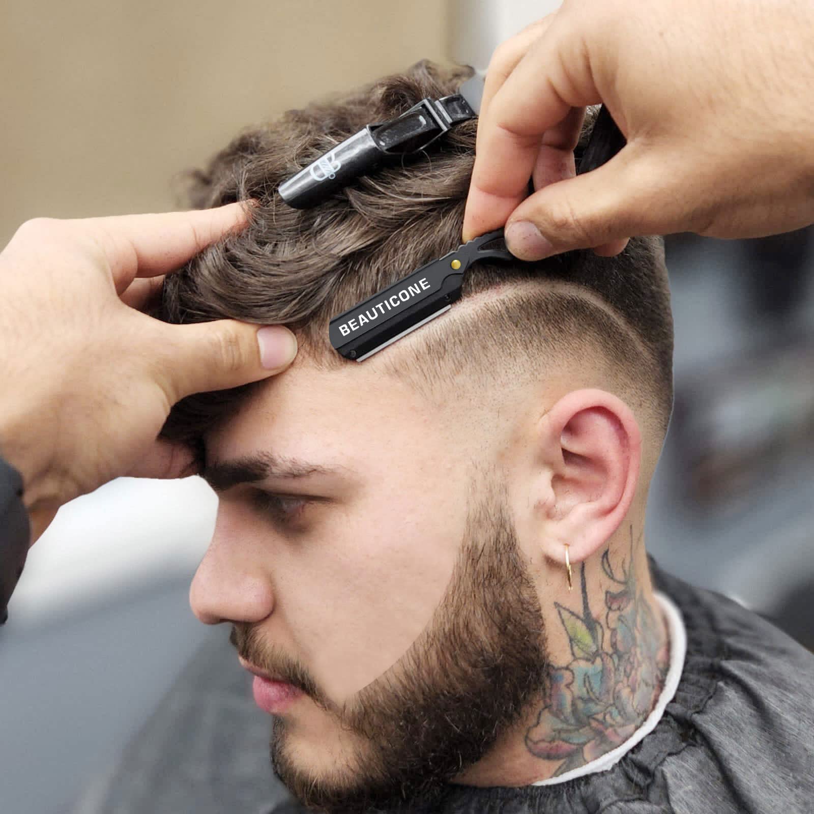 Professional Straight Razor for Men - BEAUTICONE Barber Razor with 100 Single Edge Blades, Black & Gray Leaf Handle - Perfect for Shaving, Grooming & Beard Trimming at Home or Salon