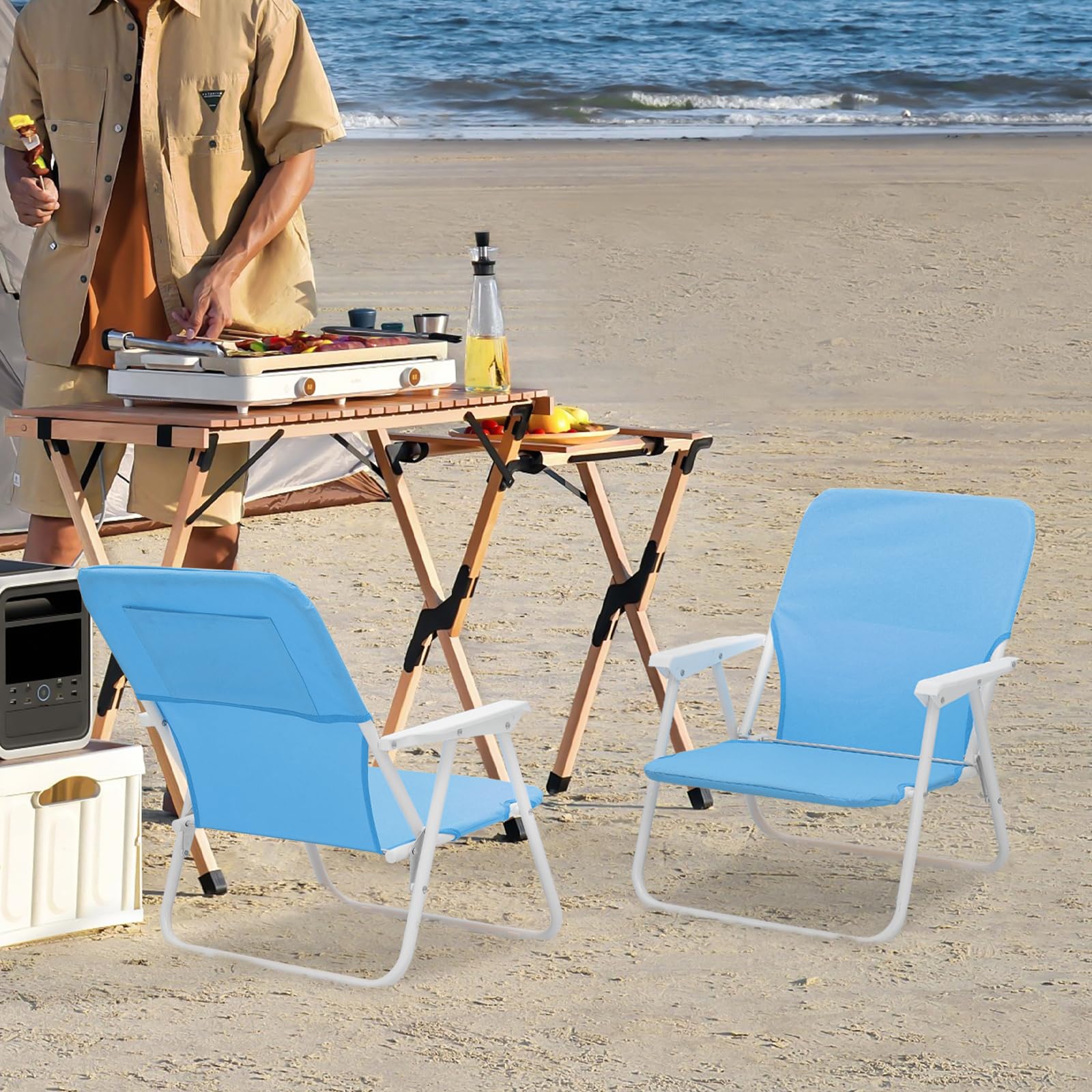 Magshion 2-Pack Folding Low Beach Chairs for Adults - Portable Lightweight Lawn Chairs with Back Pocket & Hard Armrest - Supports 250 lbs - Perfect for Camping, Fishing, Poolside, Patio, Backyard & Outdoor Relaxation (Blue)