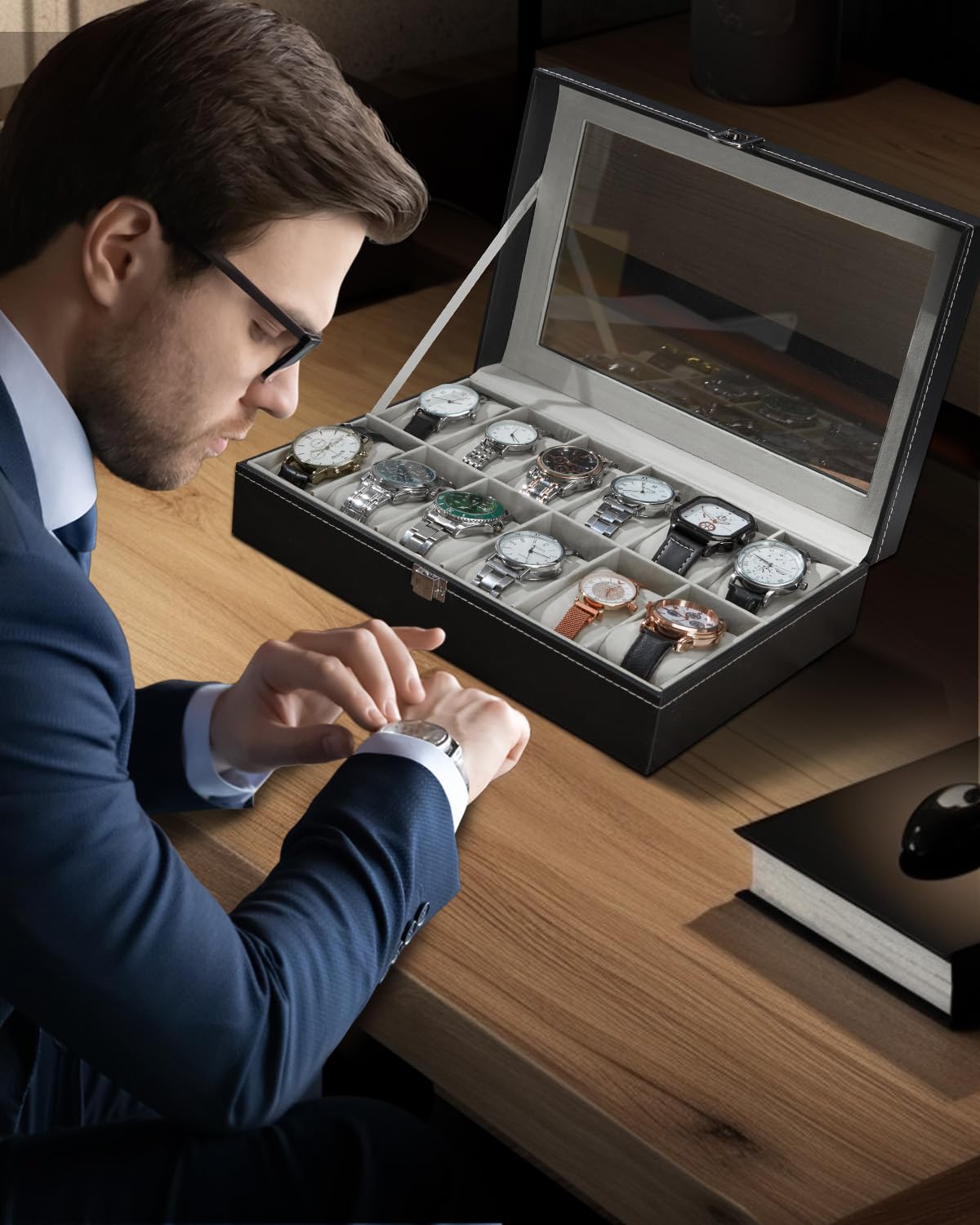 Ohuhu 12-Slot PU Leather Watch Box with Real Glass Lid - Soft Velvet Jewelry Organizer & Watch Display Case for Men and Women - Perfect for Watch Collection Storage, Birthday Gifts & Home Décor