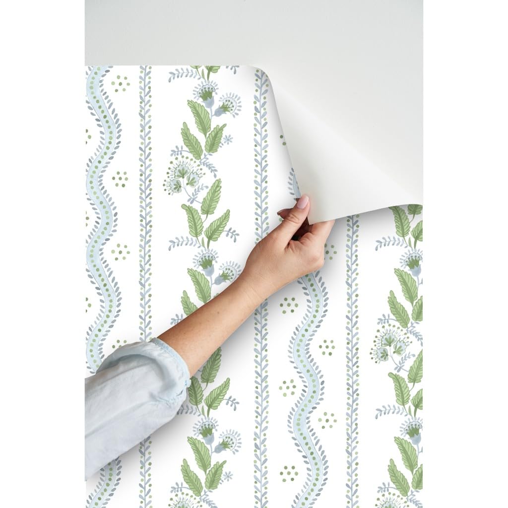 Peel & Stick Removable Wallpaper 3ft x 2ft - Soft Blue Green White Stripes with Floral Dots | Traditional Custom Wall Decal for Bedroom, Nursery & Home Office Decor