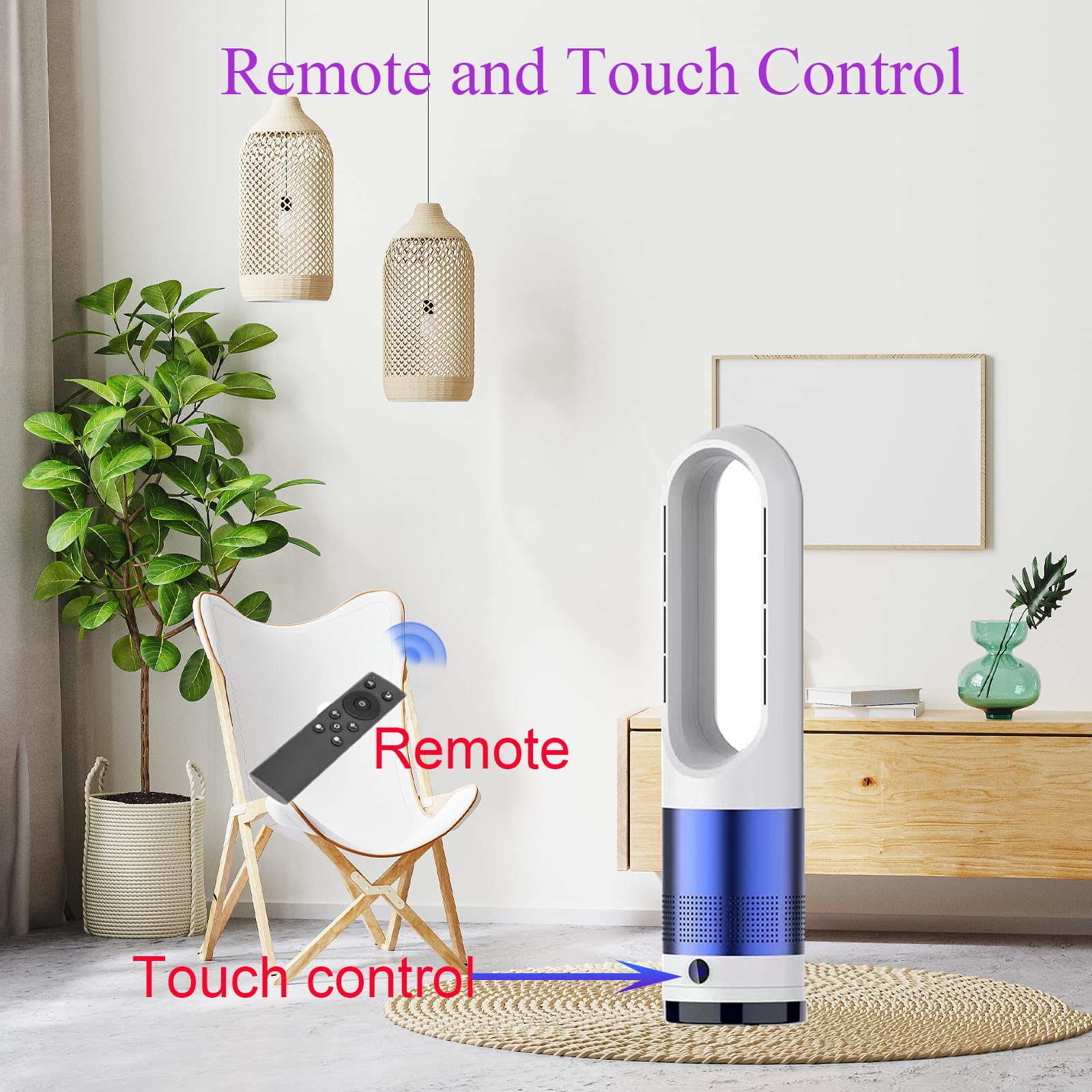 Bladeless Tower Fan & Heater Combo - 1400W Heater & 40W Cooling Fan with 80° Oscillation - Remote & Touch Control - Blue & White - Perfect for Office, Bedroom, Living Room - Year-Round Comfort for Home & Workspace