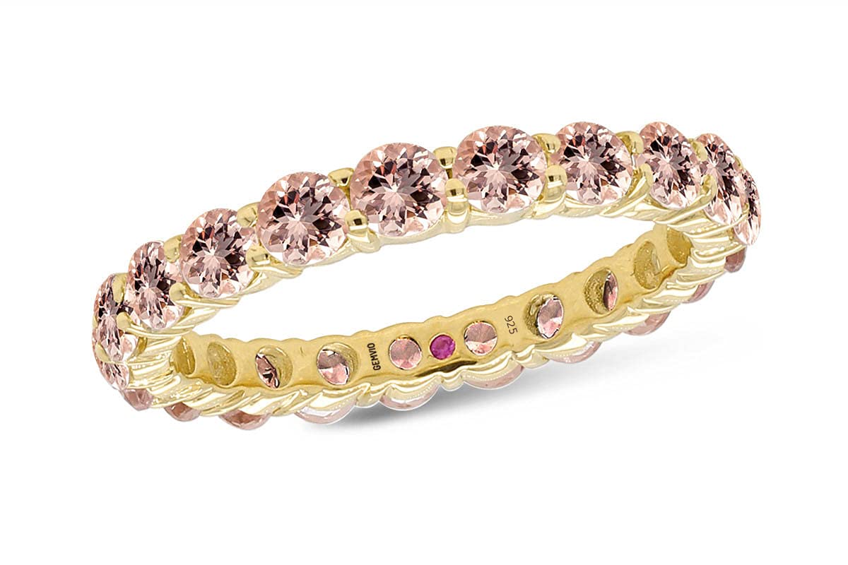 GEMVIO 14K Gold Over Sterling Silver 2.33 CT 3MM Round Morganite Eternity Wedding Band Ring for Women - Anniversary Gift, Bridal Jewelry, Engagement Ring, Valentine's Day Present