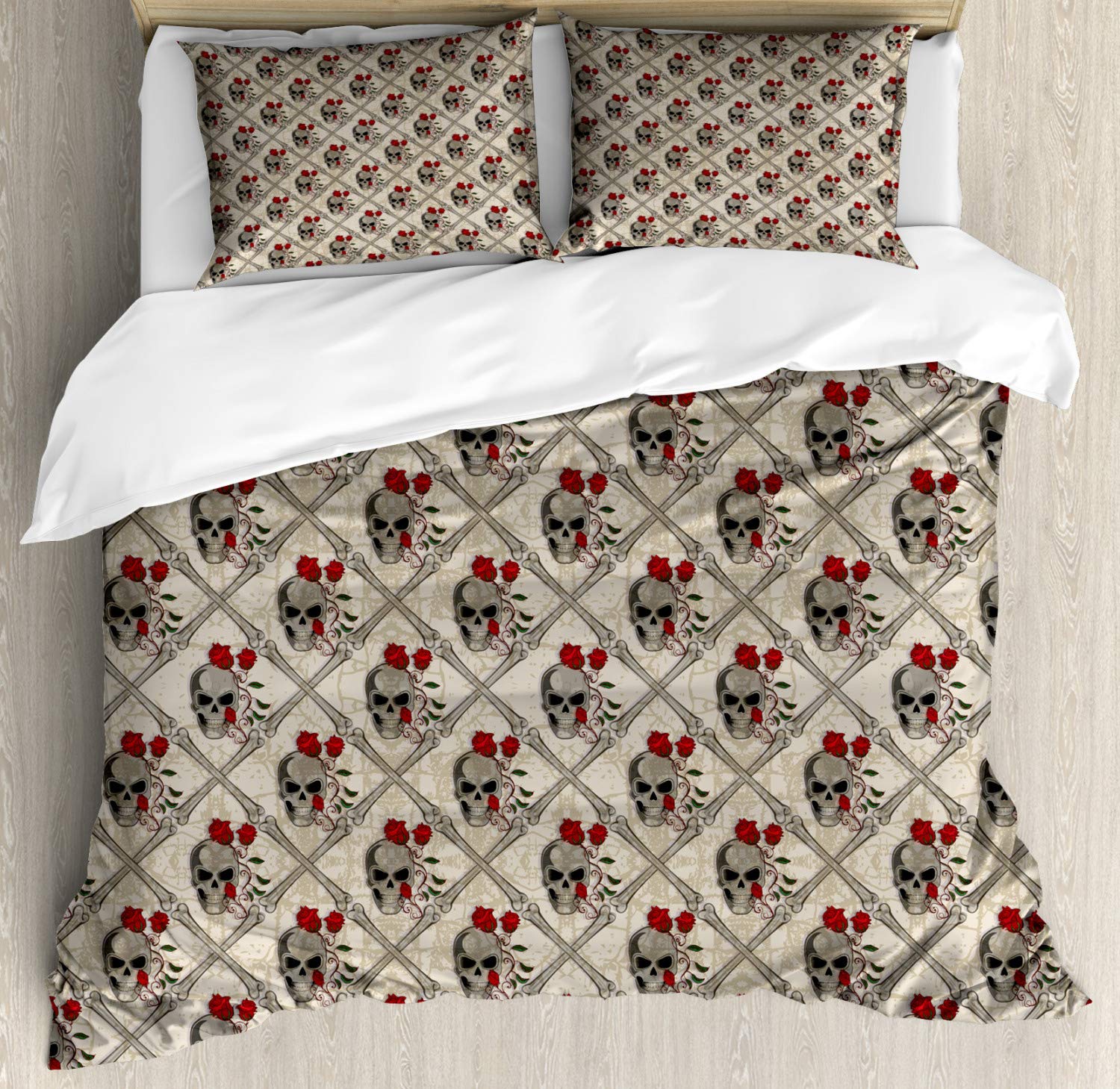 Ambesonne Skull Duvet Cover Set - Vintage Jolly Roger Themed Bedding with Bones & Roses Design, 3-Piece Queen Size (Duvet Cover + 2 Pillow Shams) in Vermilion & Beige - Perfect for Gothic, Pirate or Vintage Themed Bedrooms