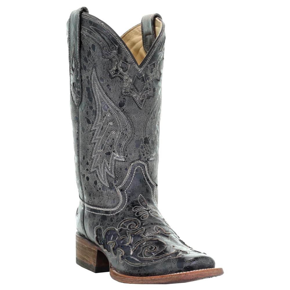 **Women's Distressed Embroidered Square Toe Dress Boots - Mid Calf, Low Heel (1-2
