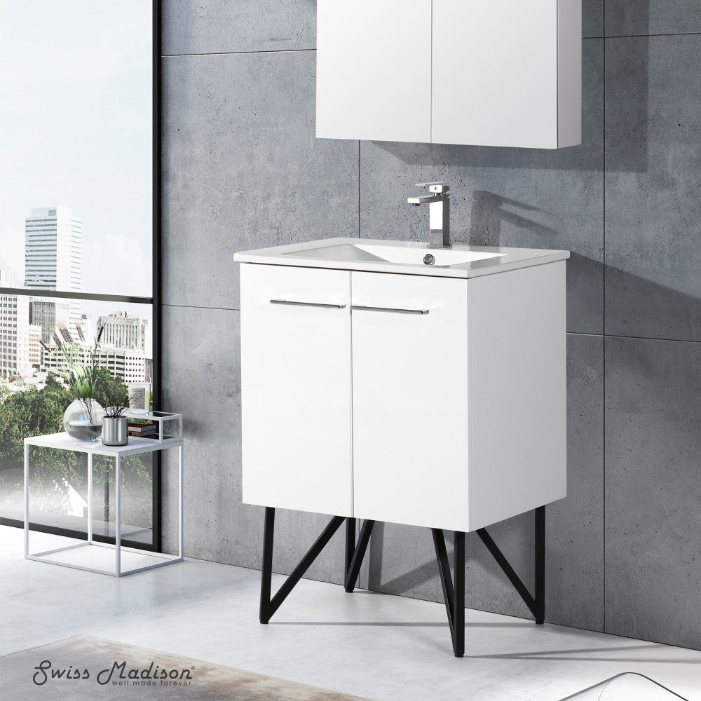 Annecy 24 Inch Freestanding Bathroom Vanity Set in White with Ceramic Sink Top - Modern Space-Saving Design for Small Bathrooms & Powder Rooms