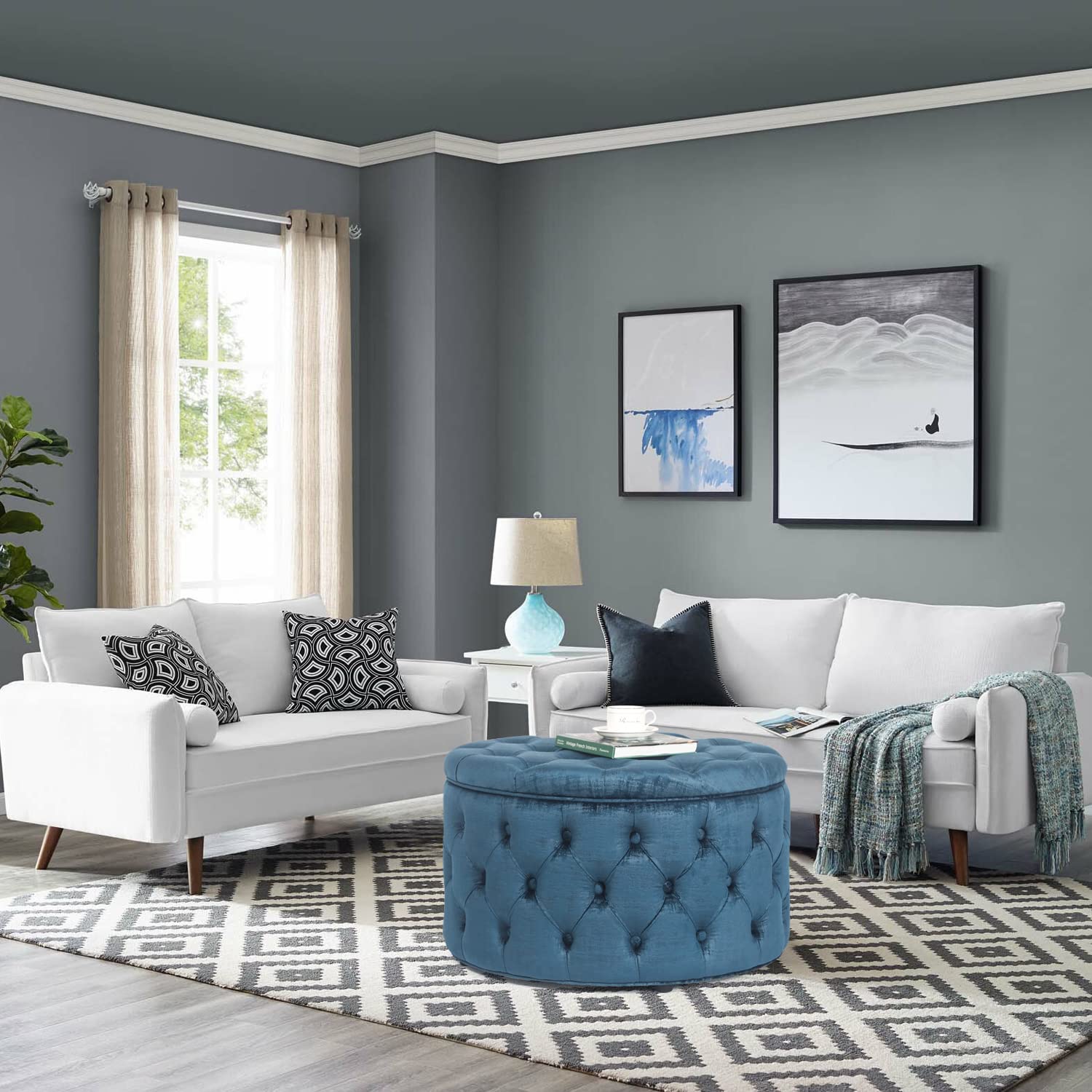 Joveco Round Storage Ottoman with Removable Top - Button Tufted Upholstered Bench, Coffee Table & Footrest Stool for Living Room, Bedroom & Entryway - Perfect for Extra Seating & Hidden Storage (Blue)