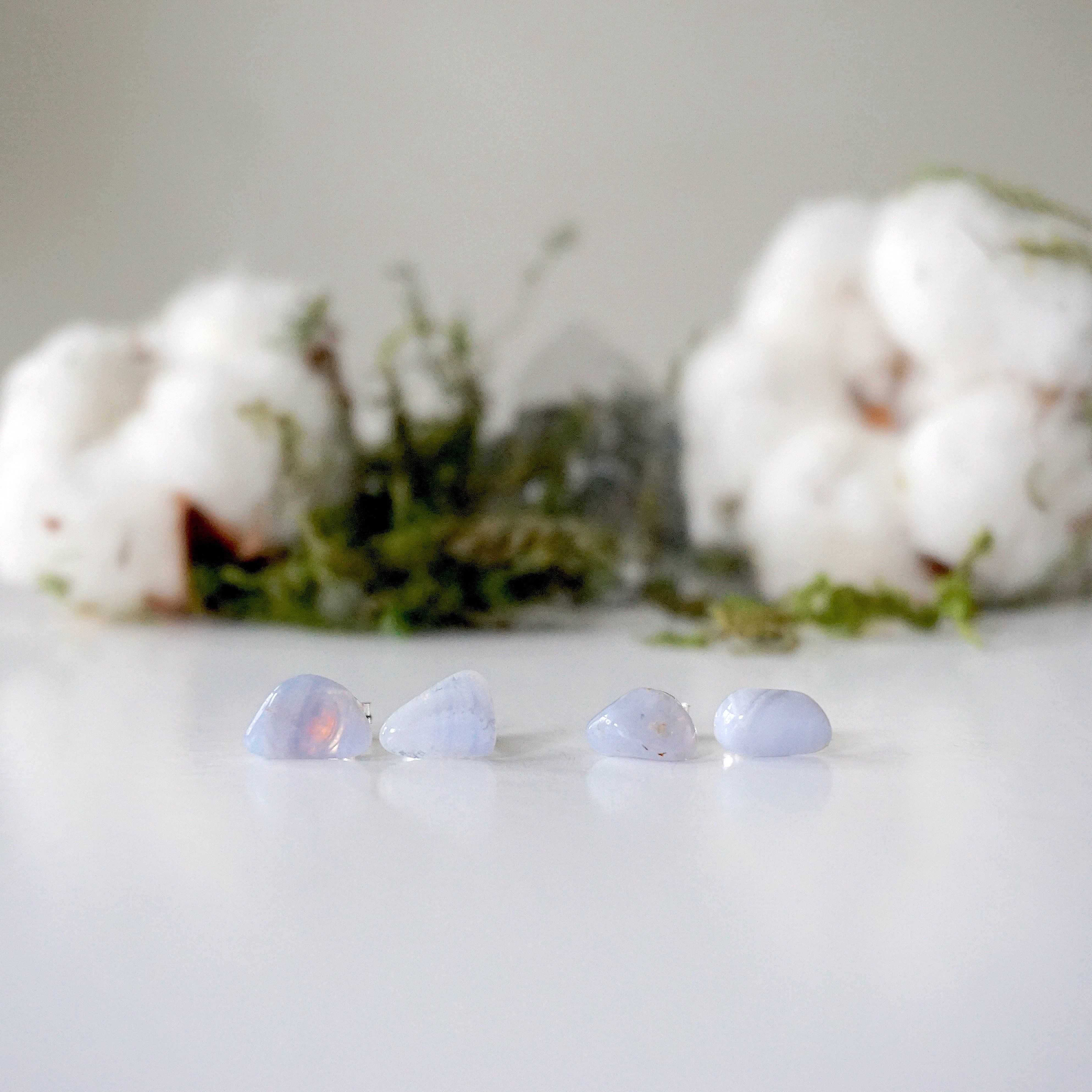 Blue Lace Agate Stud Earrings for Women - Sterling Silver Post Earrings - Elegant Dainty Jewelry for Everyday Wear, Gift Giving & Special Occasions