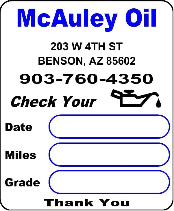 McAuley Custom Oil Change Stickers 2x2 Inch - Durable Windshield & Door Jamb Labels - Easy to Write On & Peel Off - Blue (1000 Pack) - Perfect for Vehicle Maintenance Reminders & Service Tracking
