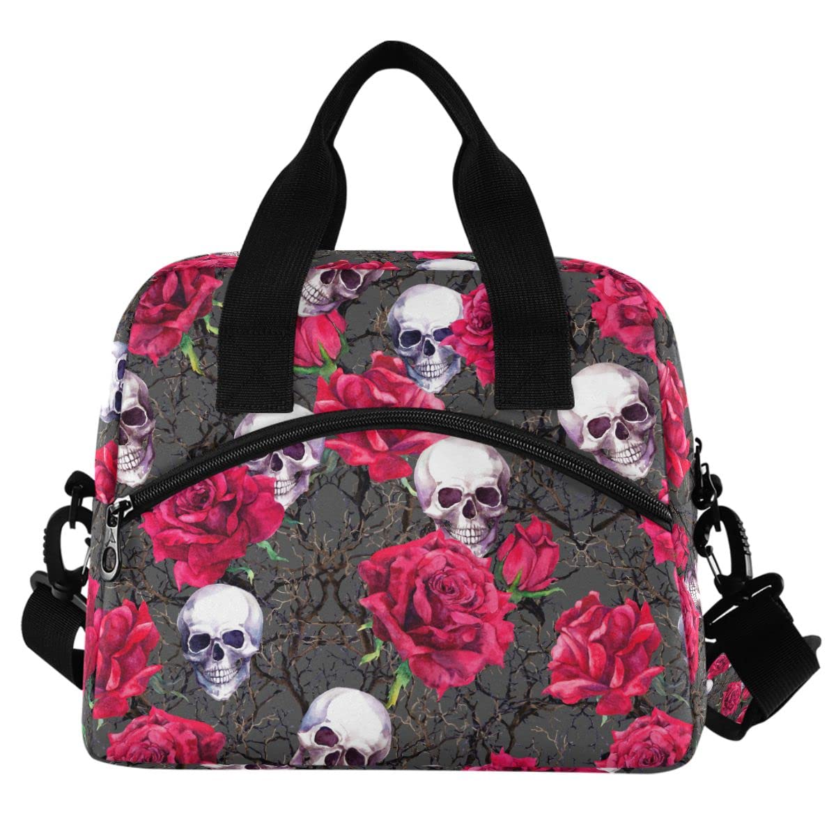 Insulated Lunch Bag with Skulls & Rose Design - Reusable Leakproof Cooler Tote for Women & Men - Perfect for Work, School, Picnics & Outdoor Activities