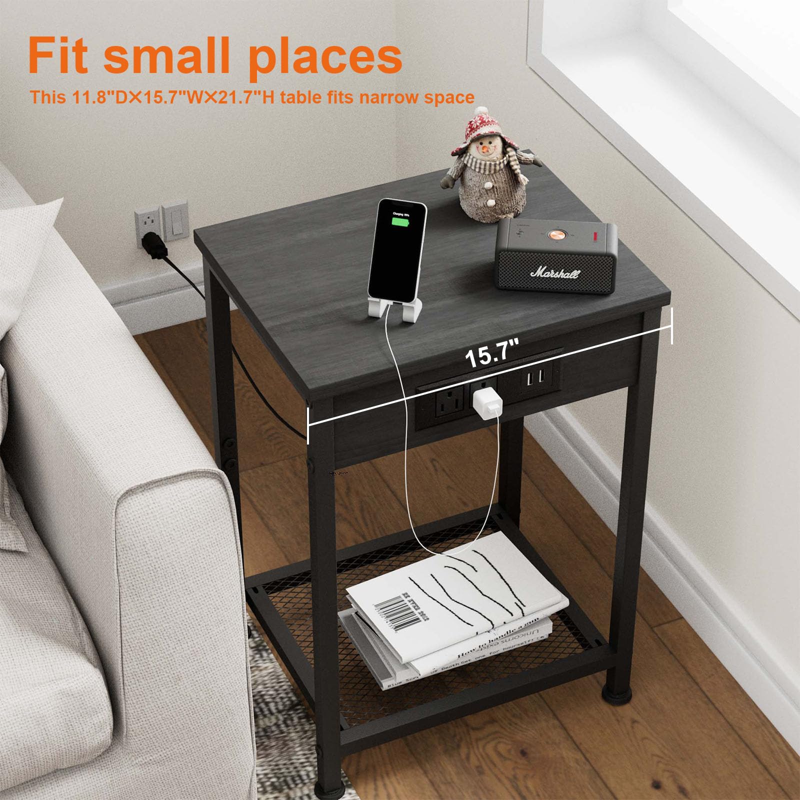 Fixwal Nightstand Set of 2 with USB Charging Station & Power Outlets - Modern Narrow Bedside Tables for Bedroom, Living Room, Farmhouse - Perfect for Phone Charging, Reading Lamps & Small Storage (Black)
