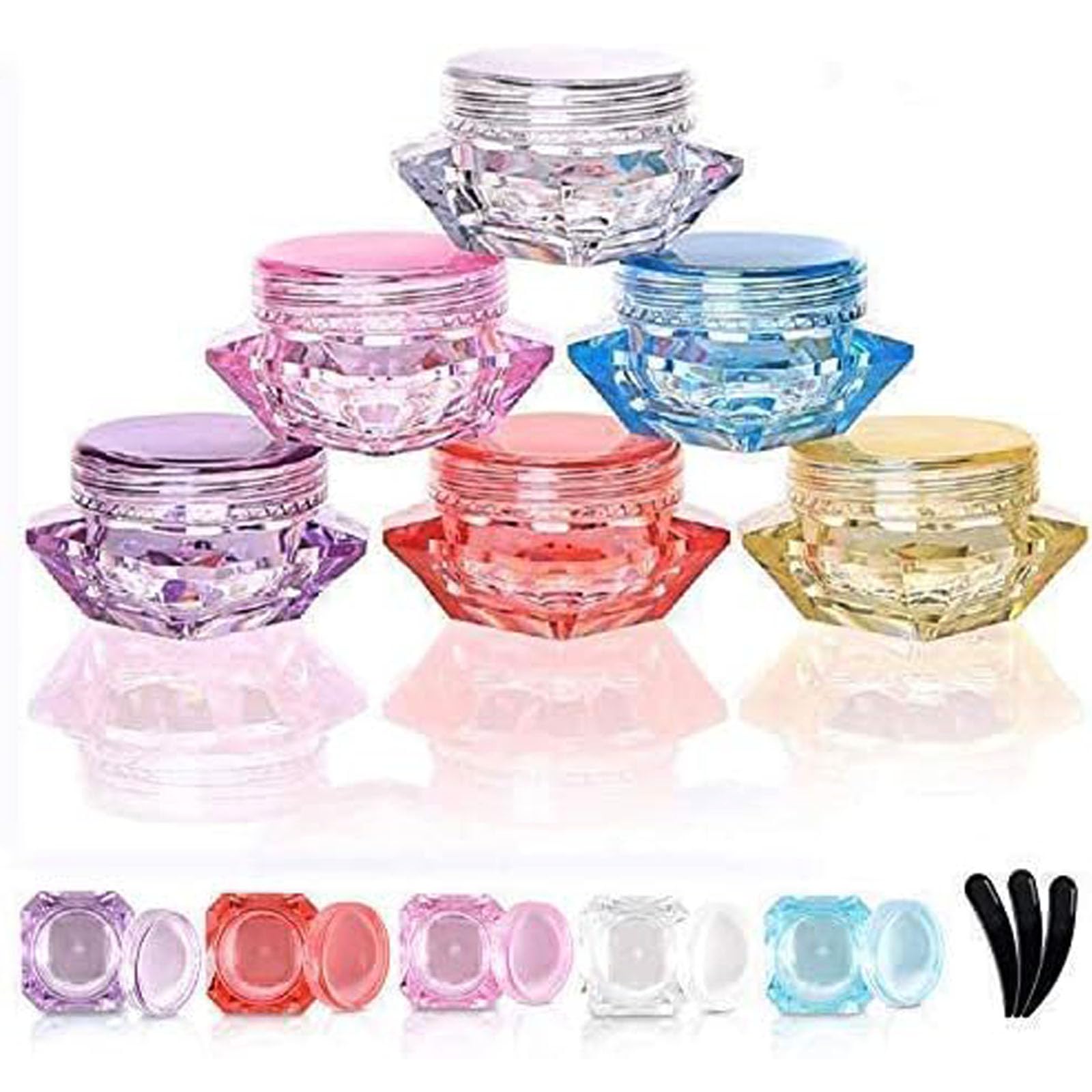 40 PCs 5ml Empty Clear Plastic Cosmetic Containers with 3 Mini Spatulas - Diamond Shape Jars for Lip Gloss, Creams & Skincare Samples - Travel Friendly Beauty Storage