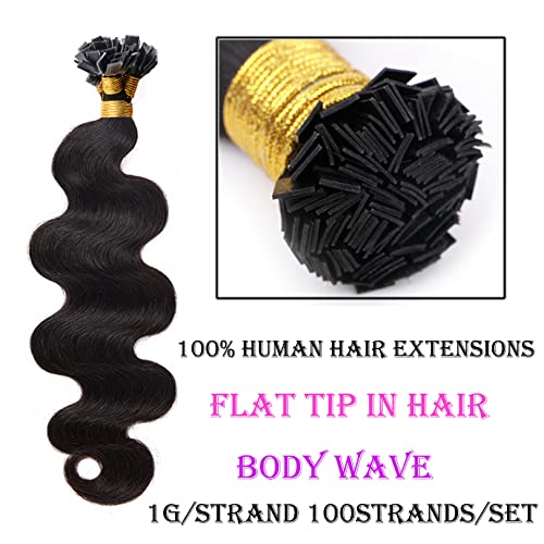 Brazilian Human Hair Extensions 100 Strands - 28 Inch Body Wave Flat Tip Keratin Hair Extensions for Women (Darkest Brown) | Natural Look for Daily Wear, Parties & Special Occasions