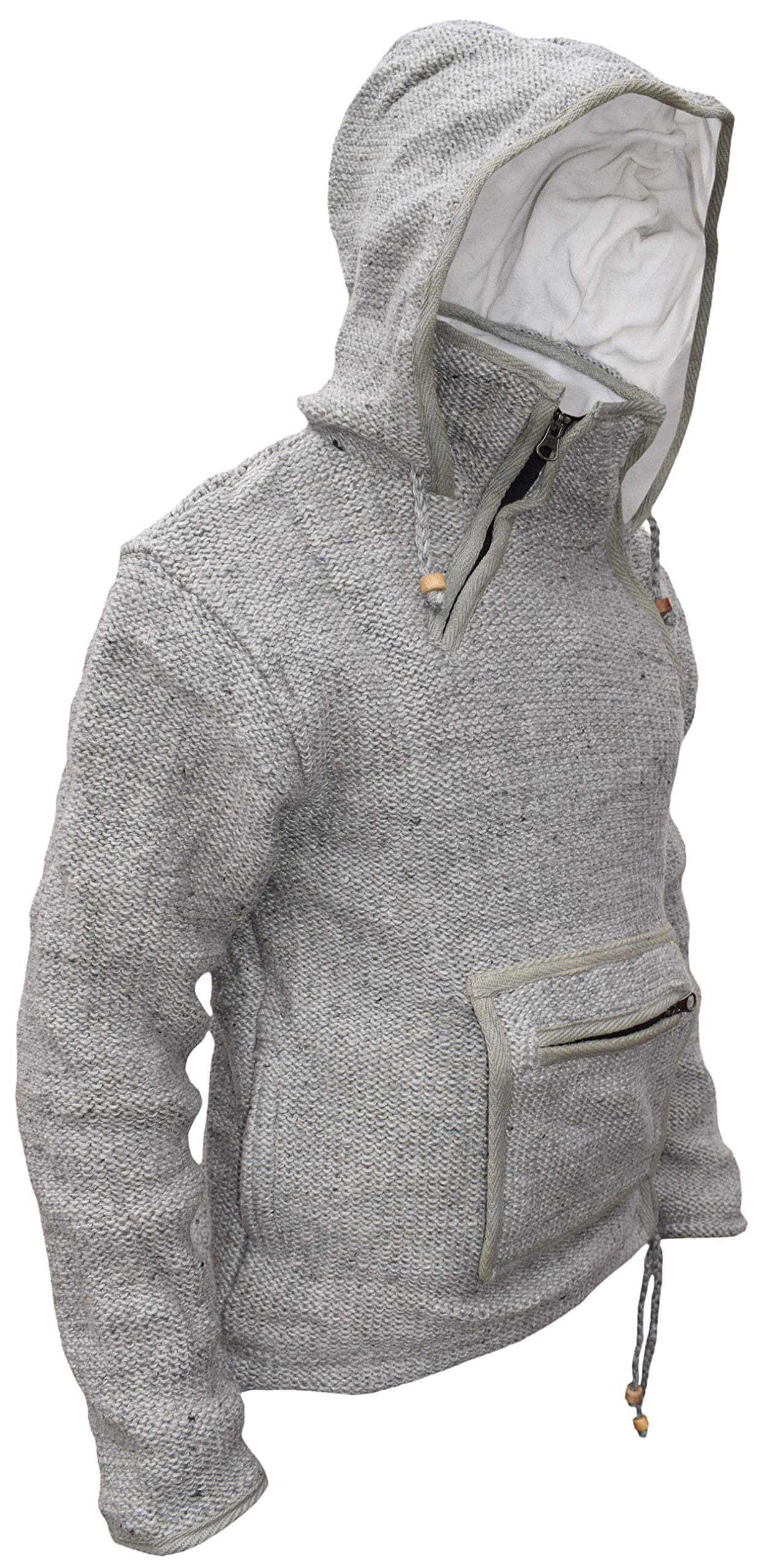 Gheri Plain Natural Woolen Winter Kangaroo Pouch Zip-Up Handmade Hoodie Jacket - Cozy Warm Fleece Pullover for Women & Men, Perfect for Outdoor Activities, Camping and Casual Wear