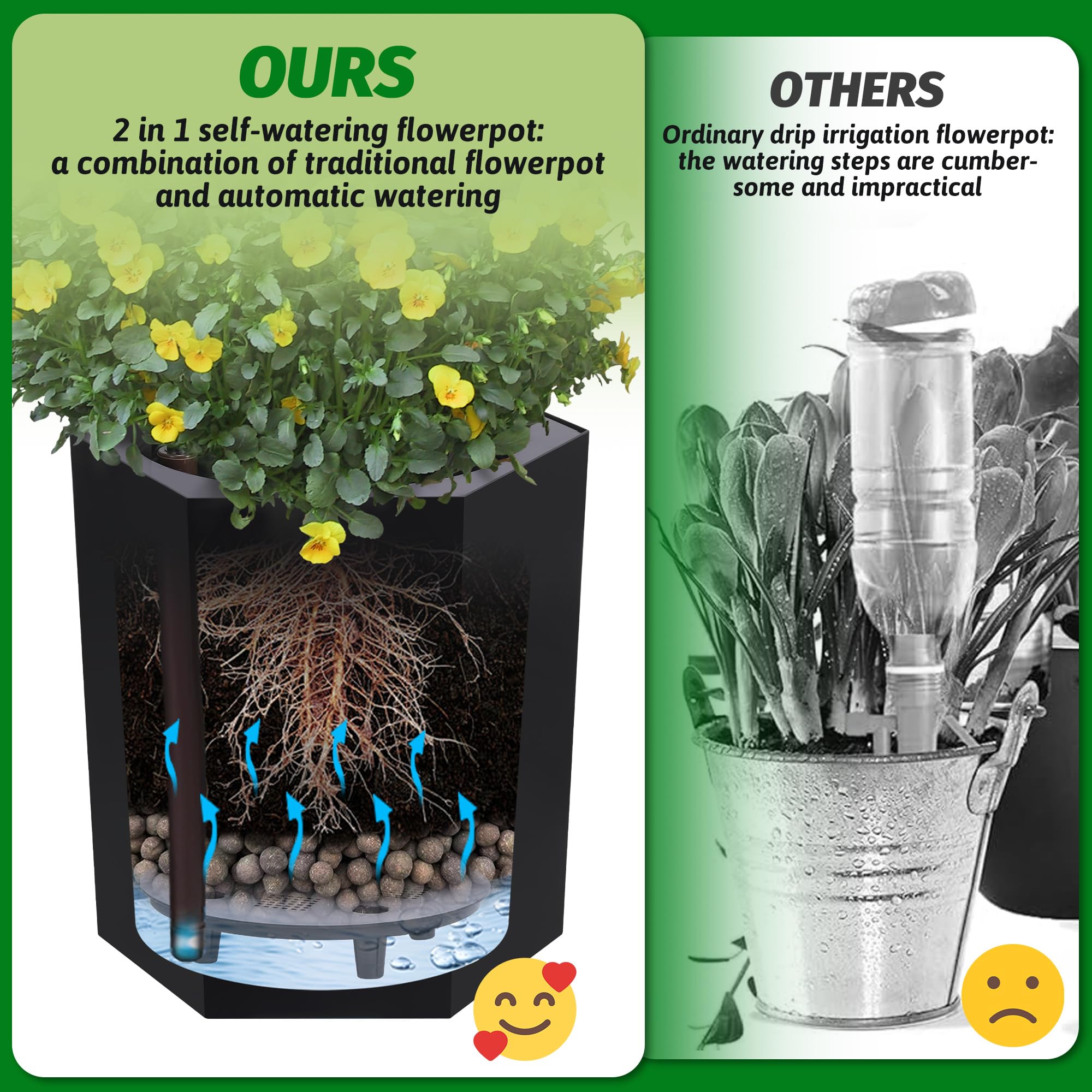 GARVEE 16 Inch Tall Self Watering Planters Set of 2 - Indoor Outdoor Large Flower Pots with Water Level Indicator, Drainage Hole & Wheels - Perfect for Garden, Patio, Balcony, Living Room, Office Decor (Black)