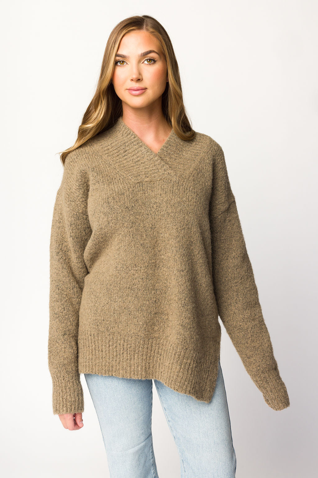 Jordan Women's V-Neck Slouchy Soft Knit Sweater - Cozy Oversized Pullover in Taupe for Casual Wear & Fall Outfits