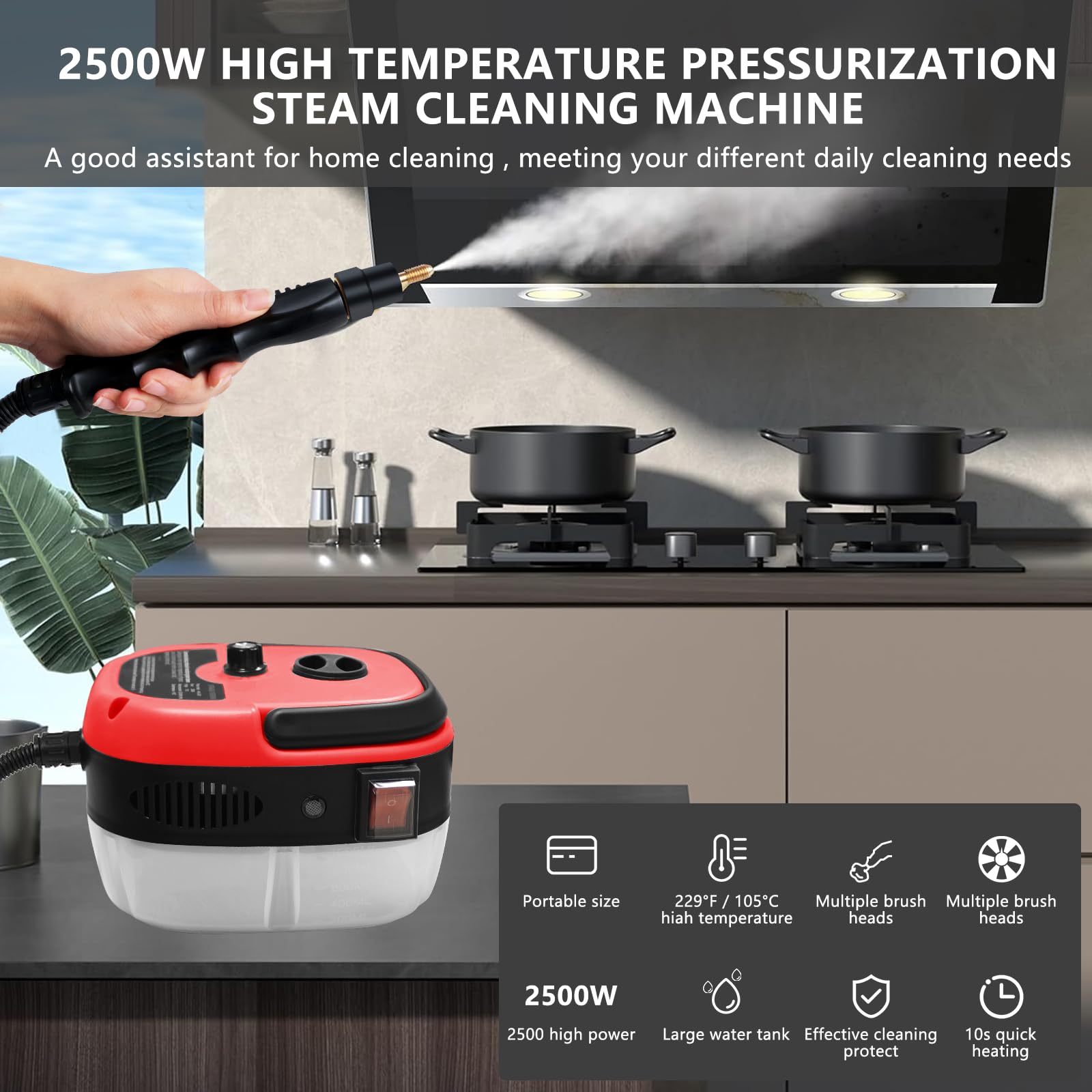 2500W Handheld Steam Cleaner with 3 Brush Heads - Portable Pressurized Steam Cleaner for Home, Car, Kitchen, Bathroom & Furniture - Perfect for Deep Cleaning Floors, Upholstery, Tiles & More - Red