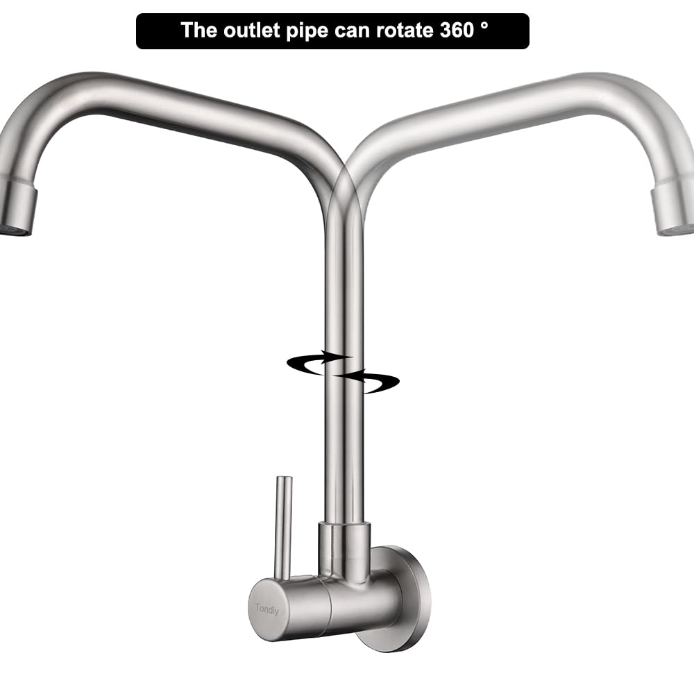 360° Swivel Wall Mount Single Handle Cold Water Kitchen Faucet, G1/2 Connection, Brushed 304 Stainless Steel, Removable Aerator - Perfect for Small Sinks, RVs & Outdoor Kitchens