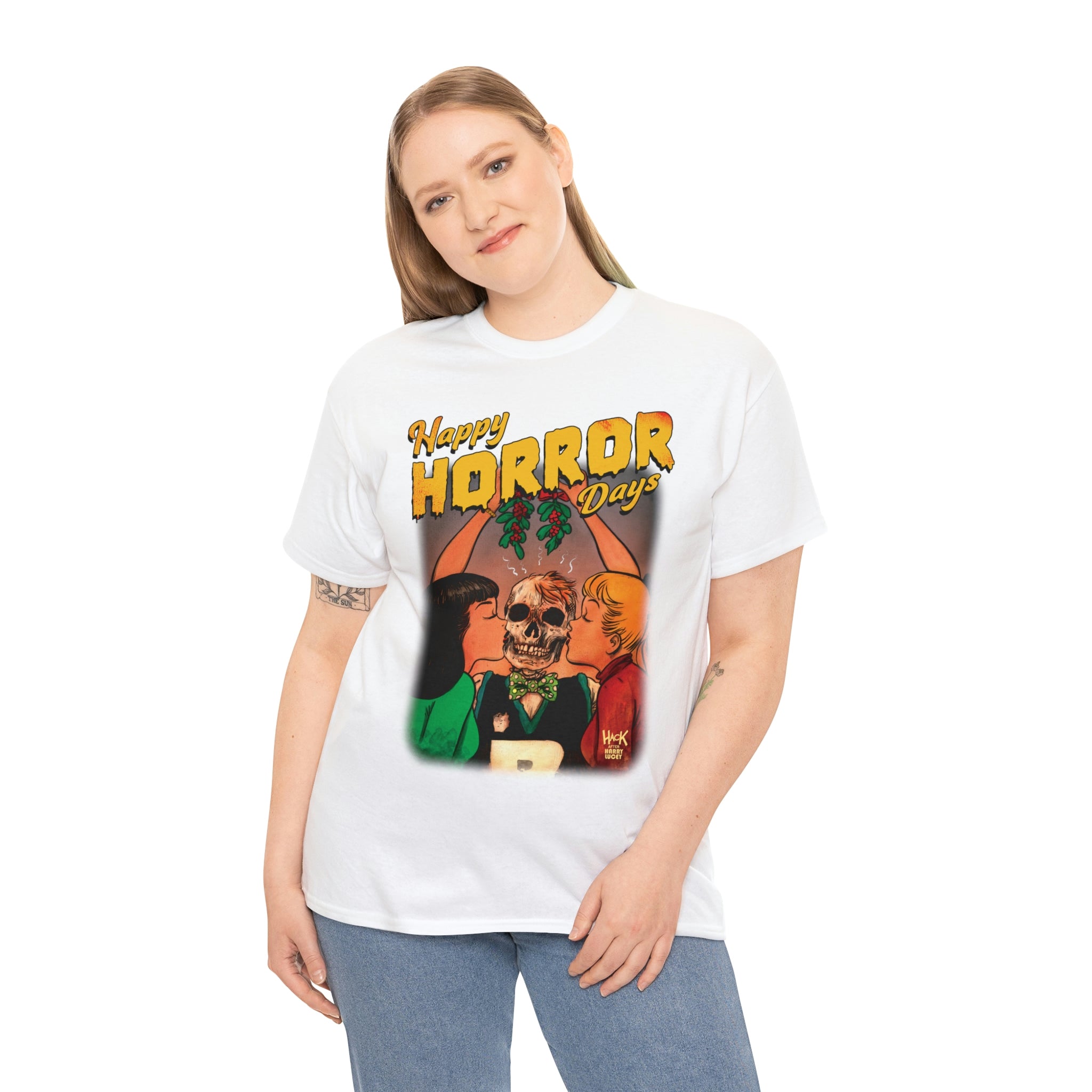 Happy Horror Days Love Triangle Graphic Tee - Unisex Heavy Cotton T-Shirt with Archie, Betty & Veronica Design | Perfect for Halloween, Comic Con & Pop Culture Fans