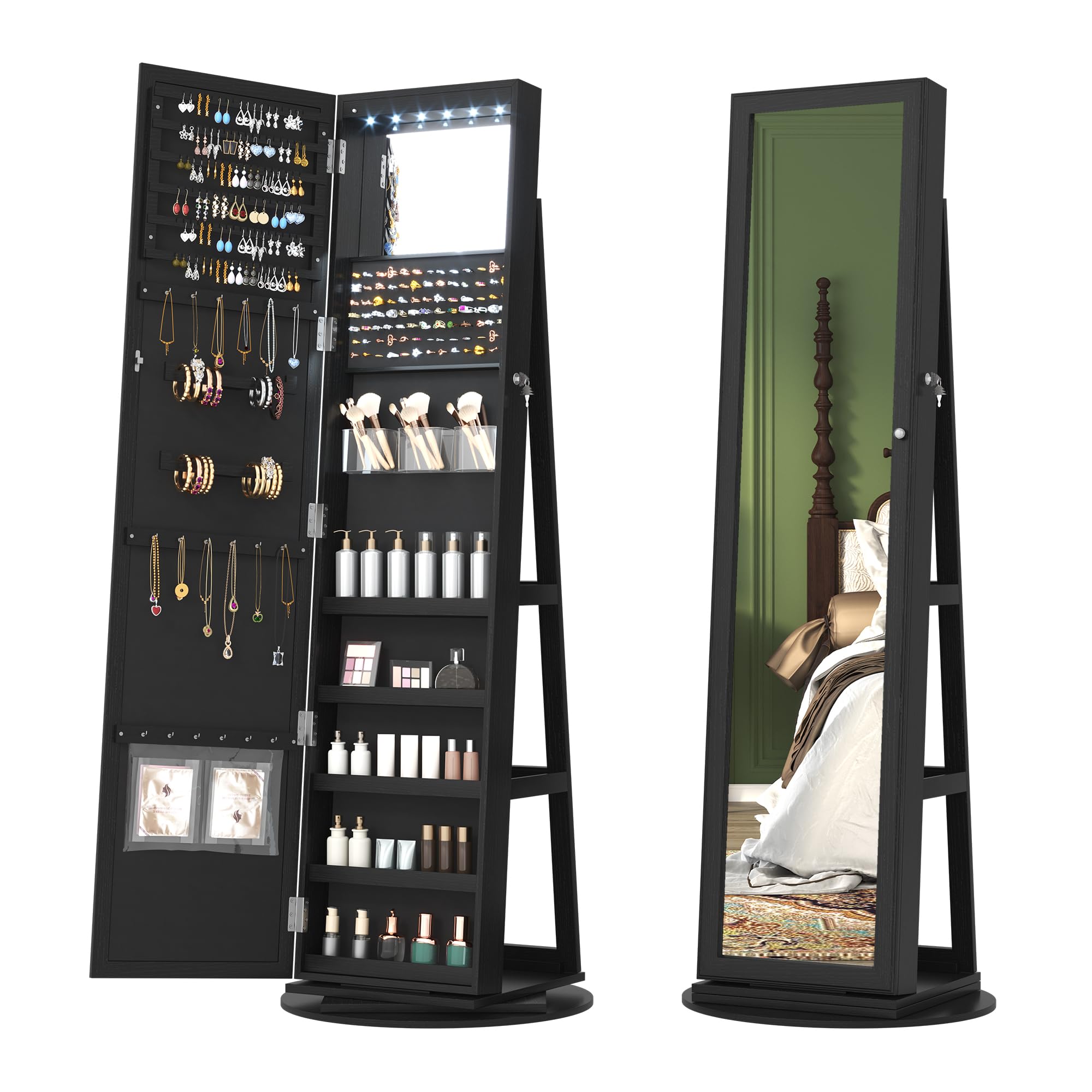 360° Swivel LED Jewelry Cabinet with Full Length Mirror - Jewelry Organizer & Storage Armoire, Farmhouse Style Lighted Vanity Mirror for Bedroom & Dressing Room (Coal Black) | Perfect for Jewelry Display, Makeup & Outfit Coordination