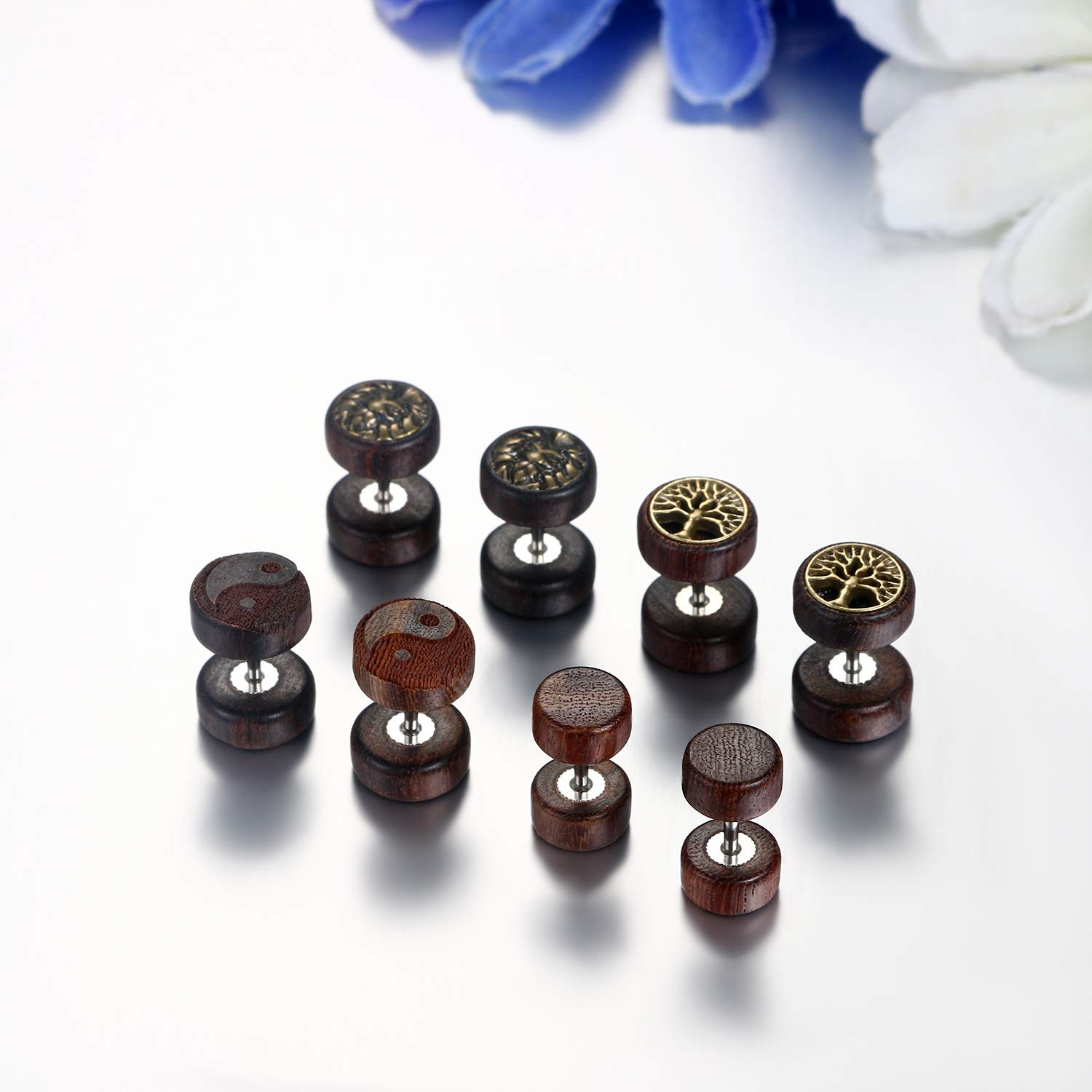 Aroncent Wooden Fake Gauges Earrings - Tree of Life Design Fake Plug Screw Stud Earrings for Men & Women | Boho Style Wood Ear Jewelry for Parties, Festivals & Daily Wear