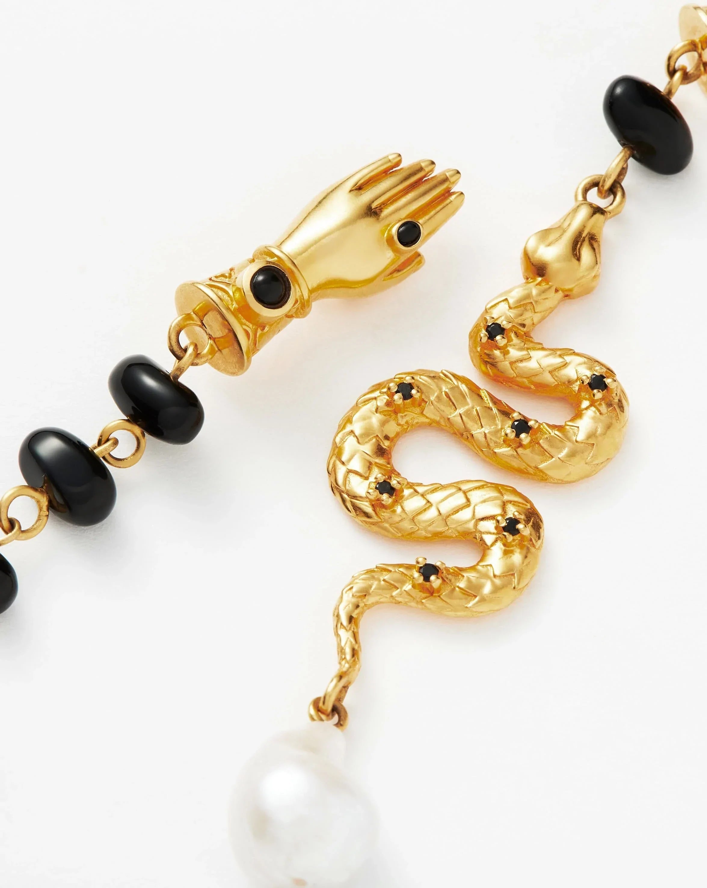 Harris Reed Handpicked Serpent Mismatch Earrings - 18k Gold Plated with Pearl & Black Onyx | Luxury Fashion Jewelry for Women, Perfect for Parties, Weddings & Special Occasions