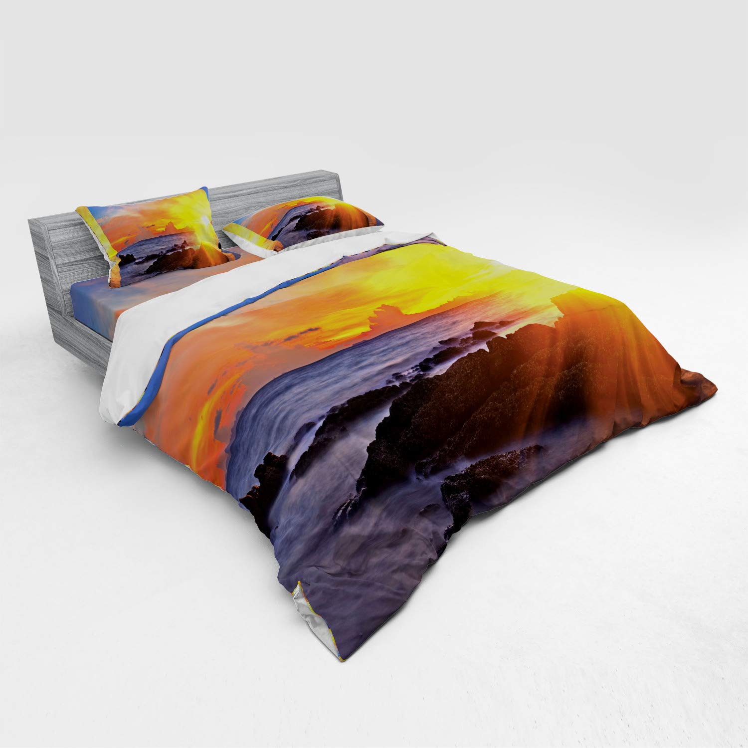 Ambesonne King Size Beach Bedding Set - 4 Piece Duvet Cover with Shams & Fitted Sheet, Tropical Sunset Fantasy Landscape Print in Orange & Blue - Perfect for Coastal, Vacation Home & Summer Bedroom Decor