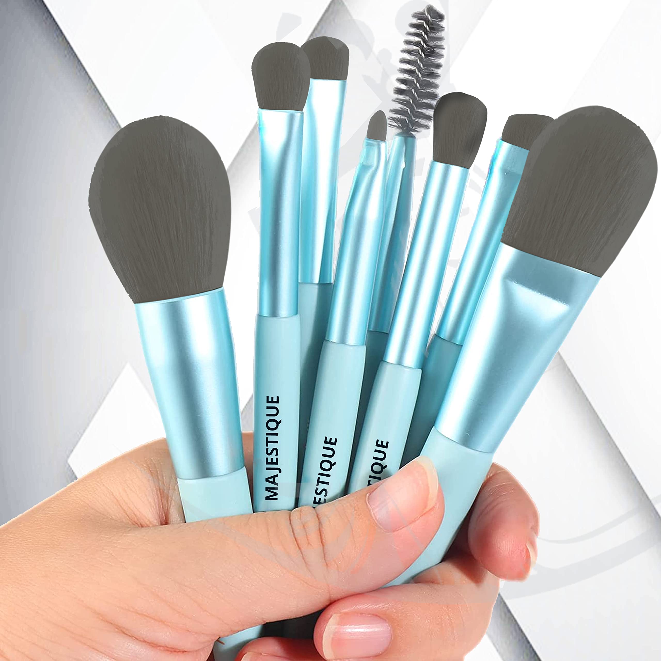 Majestique 8Pcs Professional Makeup Brush Set - Face Powder, Concealer, Eyeshadow, Eyebrow & Lip Brushes - Blue Cosmetic Beauty Tools for Everyday Makeup & Professional Use