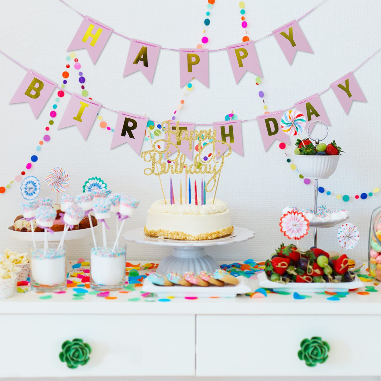 Gold Glitter Happy Birthday Cake Topper & Bunting Decor - Premium Birthday Party Cake Decoration Supplies for Photo Booth Props - Perfect for Birthday Cakes, Cupcakes, and Party Desserts