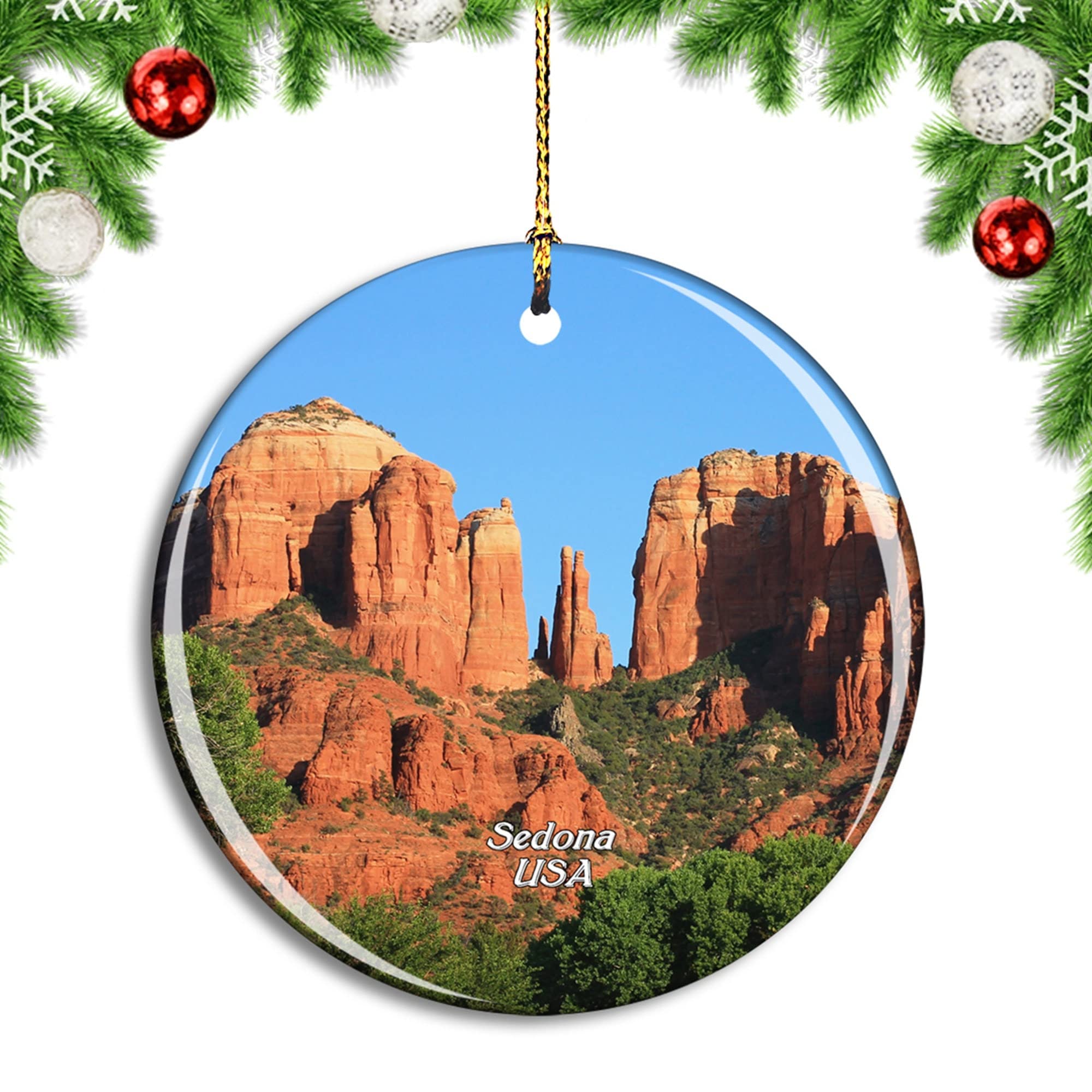 Sedona Arizona USA Car Ornament - Round Porcelain Hanging Decor for Rear View Mirror | Travel Souvenir Gift Set of 10 Trinkets | Perfect for Road Trips, Vacation Memories & Car Accessories