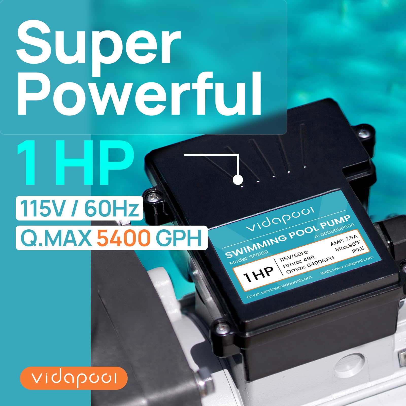 High Flow 1HP In/Above Ground Pool Pump - Self Priming, 5400 GPH, 115V, Single Speed - Perfect for Backyard Swimming Pools, Spas & Water Features