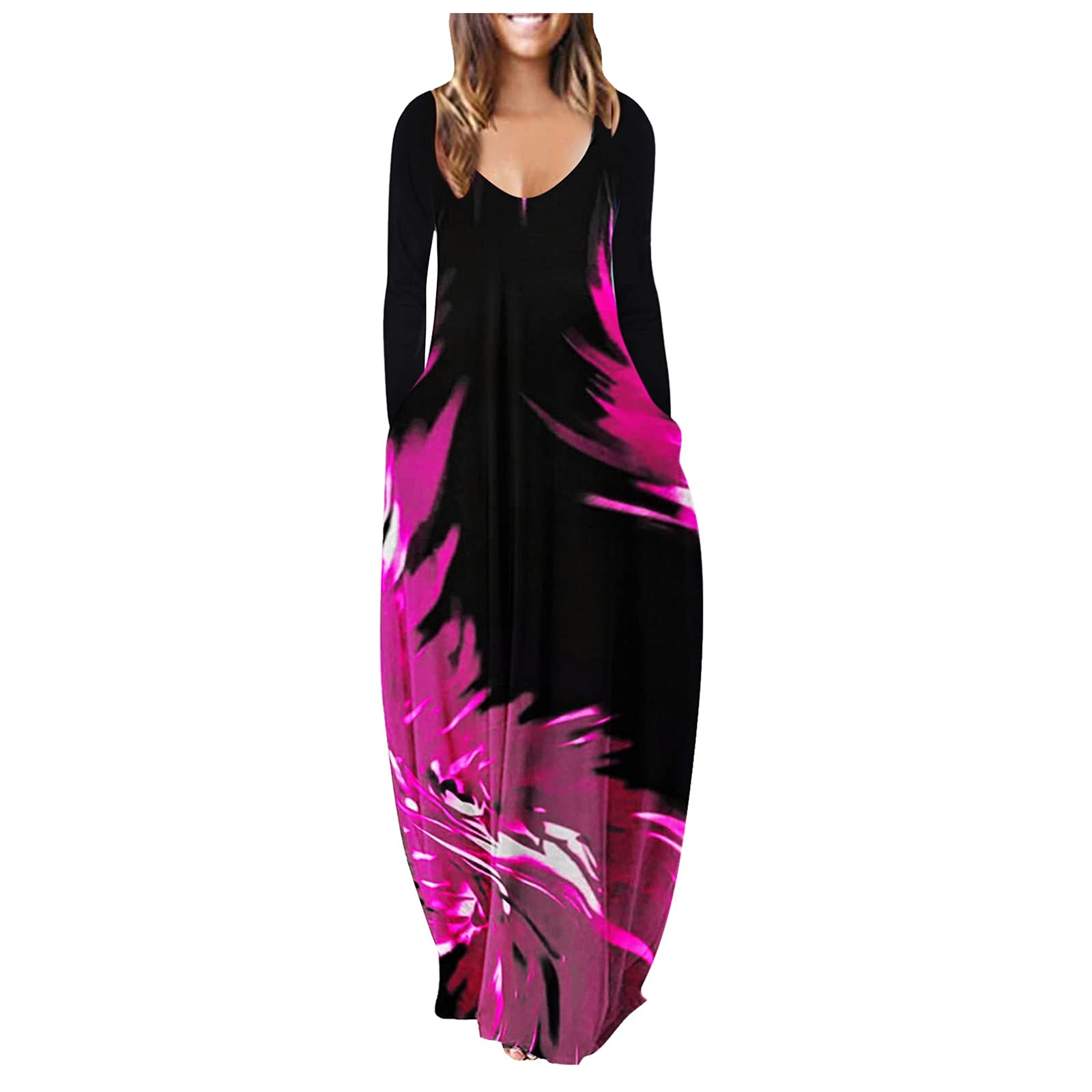 Women's Floral Print Maxi Dress Long Sleeve V-Neck Elegant Black Party Dress - Perfect for Weddings, Cocktail Parties & Formal Events