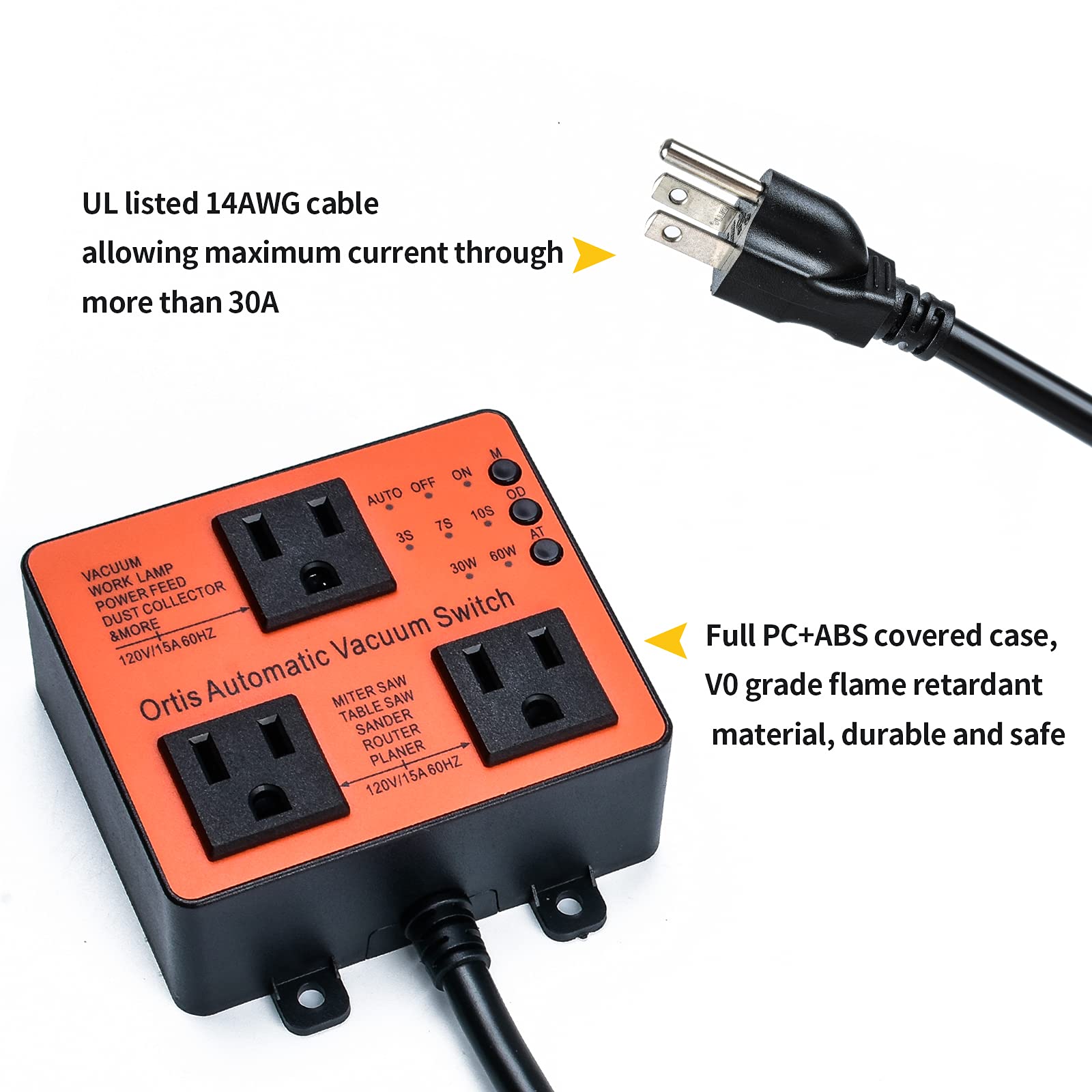 Ortis Automatic Vacuum Switch with Delay On/Off - Dust Control Auto Switch for Power Tools, Adjustable Actuation Threshold to Prevent Circuit Overload - Perfect for Woodworking, Sanding & Construction Sites