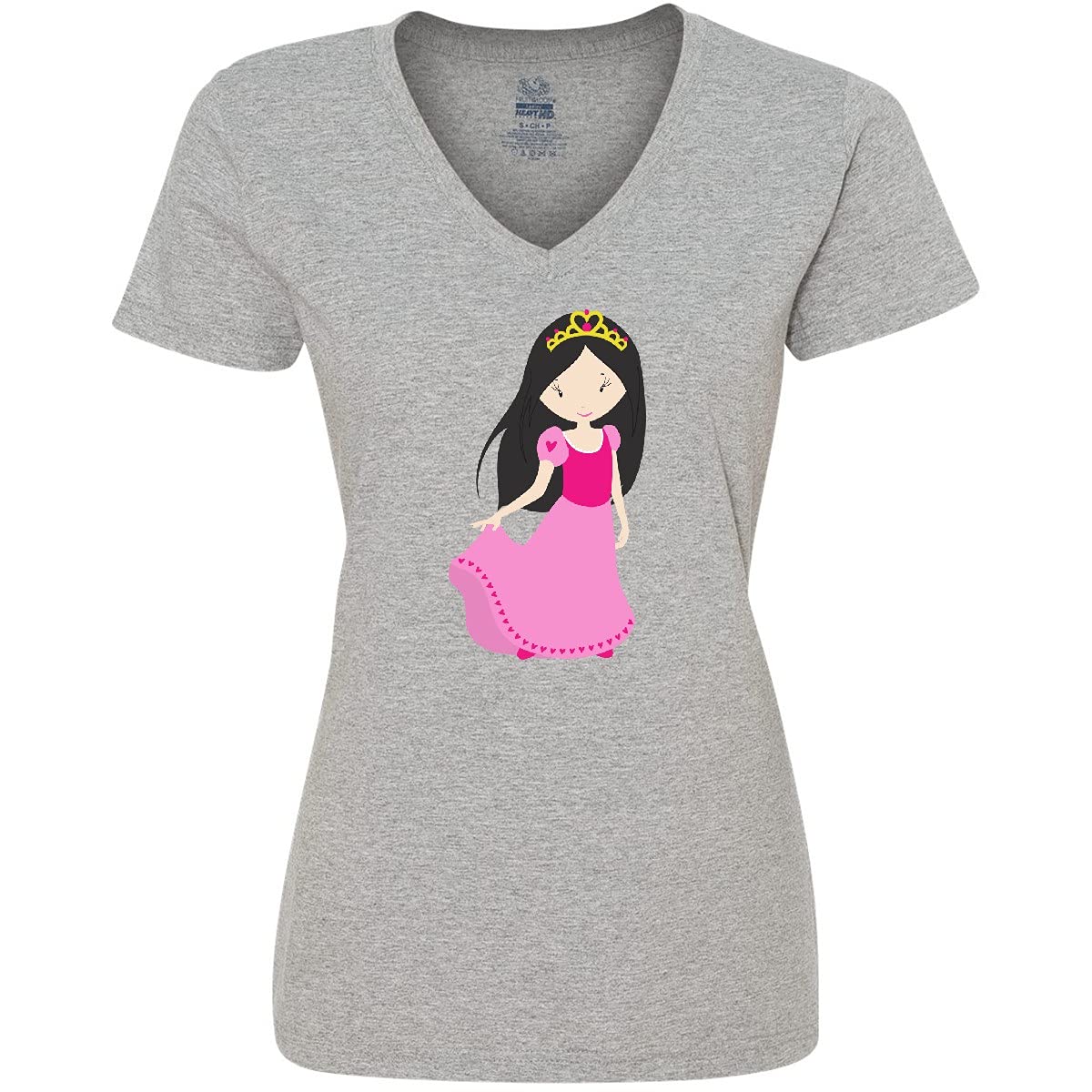Inktastic Cute Princess with Crown, Black Hair & Pink Dress Women's V-Neck T-Shirt - Perfect for Casual Wear, Costume Parties & Princess-Themed Events